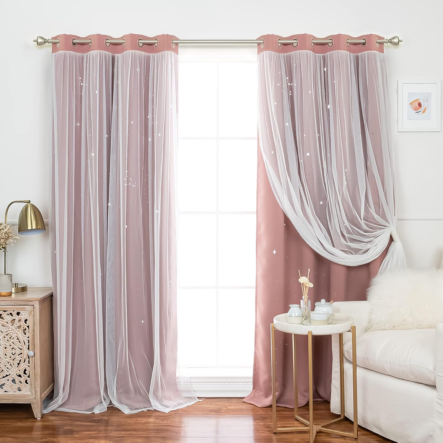Best Home Fashion Set of 2 Tulle Overlay Blackout Laser Cut Starry Sky Curtain Pair, Silver Grommet Window Panels for Bedroom, Kids Room, Nursery, Thermal Insulated- 52" W x 84" L, Mauve