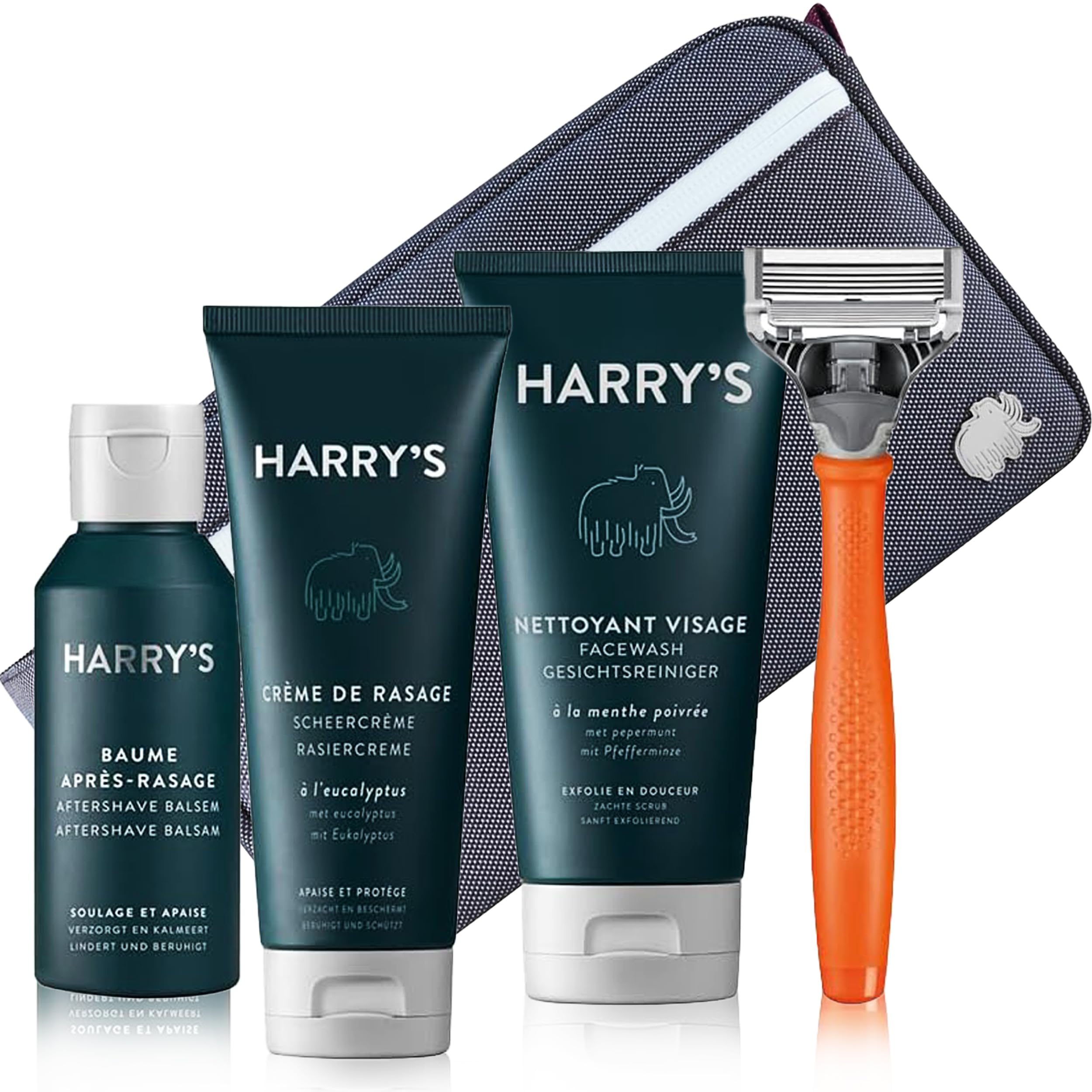 Harry's Geschenk-Set - Nassrasierer für Männer mit orangefarbenem Griff und 5-Klingen Rasierklinge, Rasiercreme 100ml, After-Shave-Balsam 50ml, Gesichtsreiniger 150ml und Kulturtasche | Truman Rasierer mit Orangefarbenem Griff, Rasiergel 120 ml, Gesichtsr