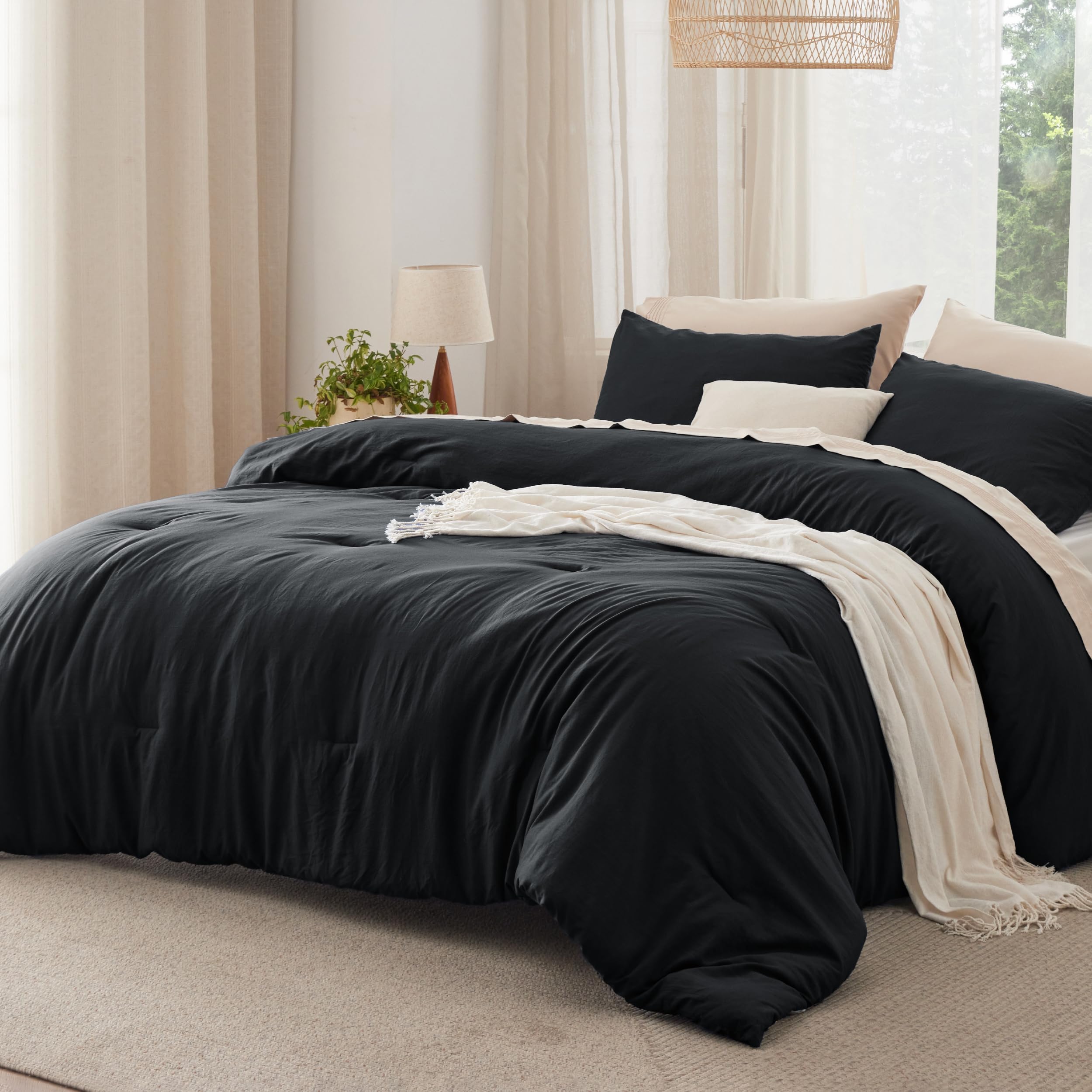 bedsure queen size comforter set, black soft prewashed bed comforter for all seasons, 3 pieces warm bedding sets, 1 lightweight comforter (90"x90") and 2 pillowcases (20"x26")