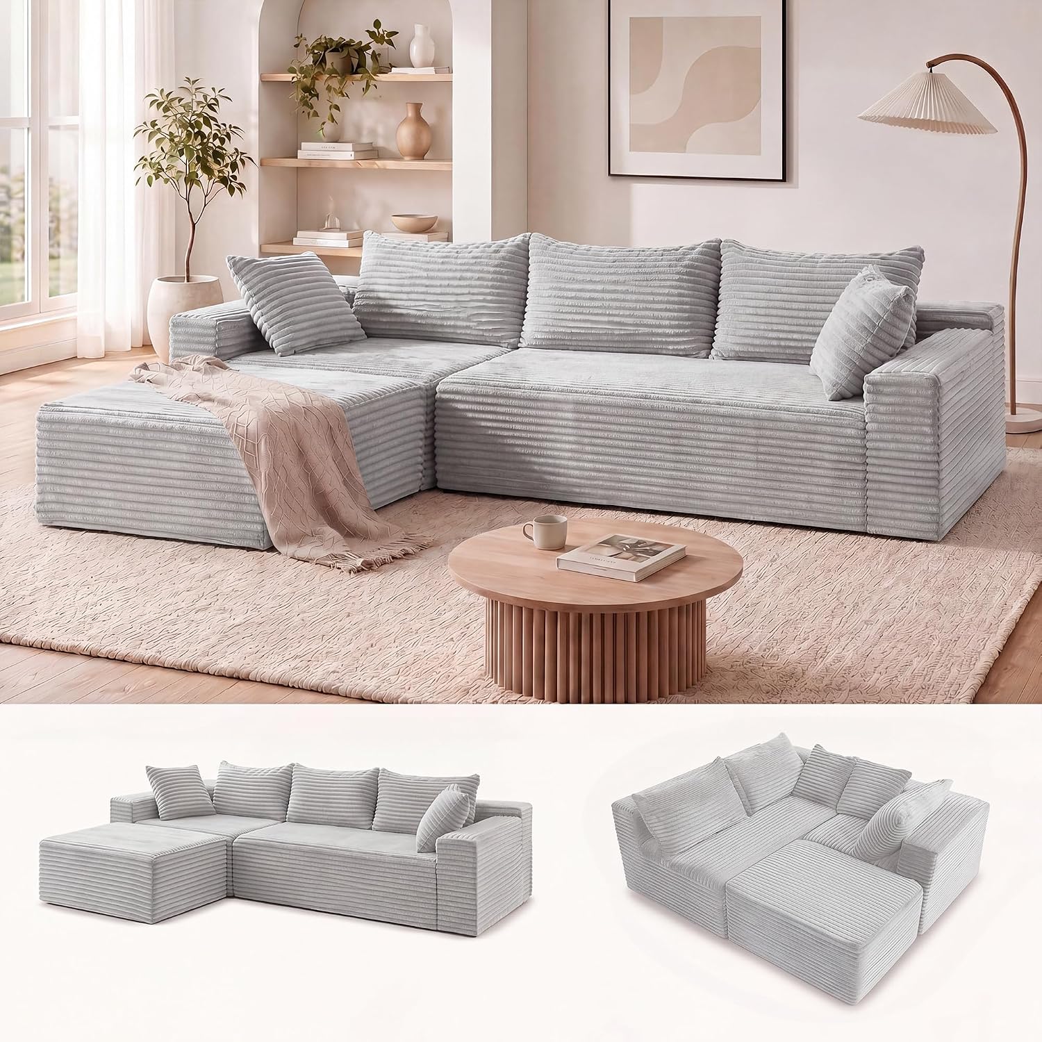  94" Boneless Couch, L-Shape Corduroy Sectional Sofa, Light Grey | Flexible Module Combination for Living Room, No Assembly, Deep Seat,Stain Resistant Abrasion, Apartment, Includes 1 Ottoman