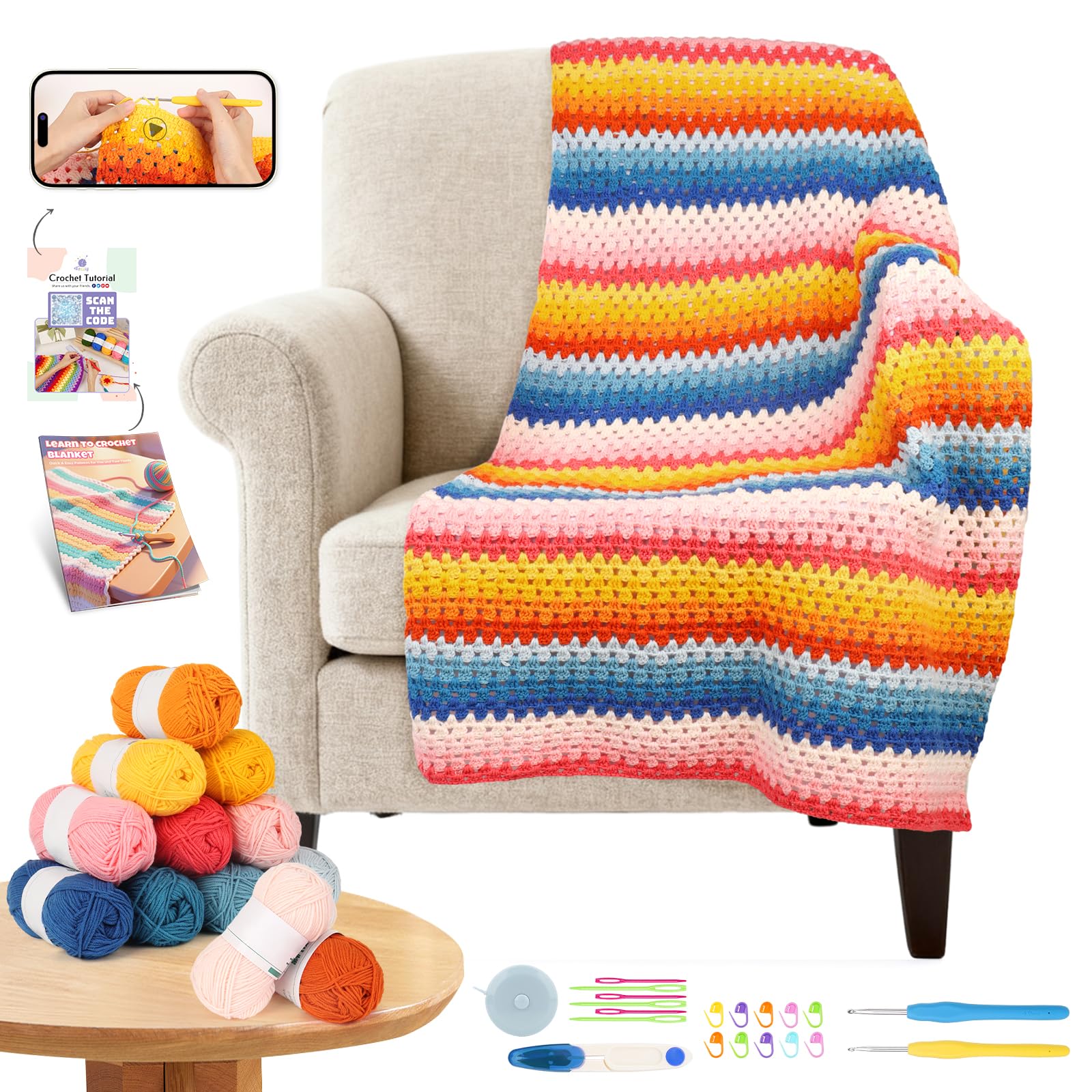 Reessy Crochet Kits for Beginners Adults, Crochet Blanket Kit with Step-by-Step Video Tutorials, Yarn & Crochet Accessories - for Crocheting Pretty Granny Striped Blanket