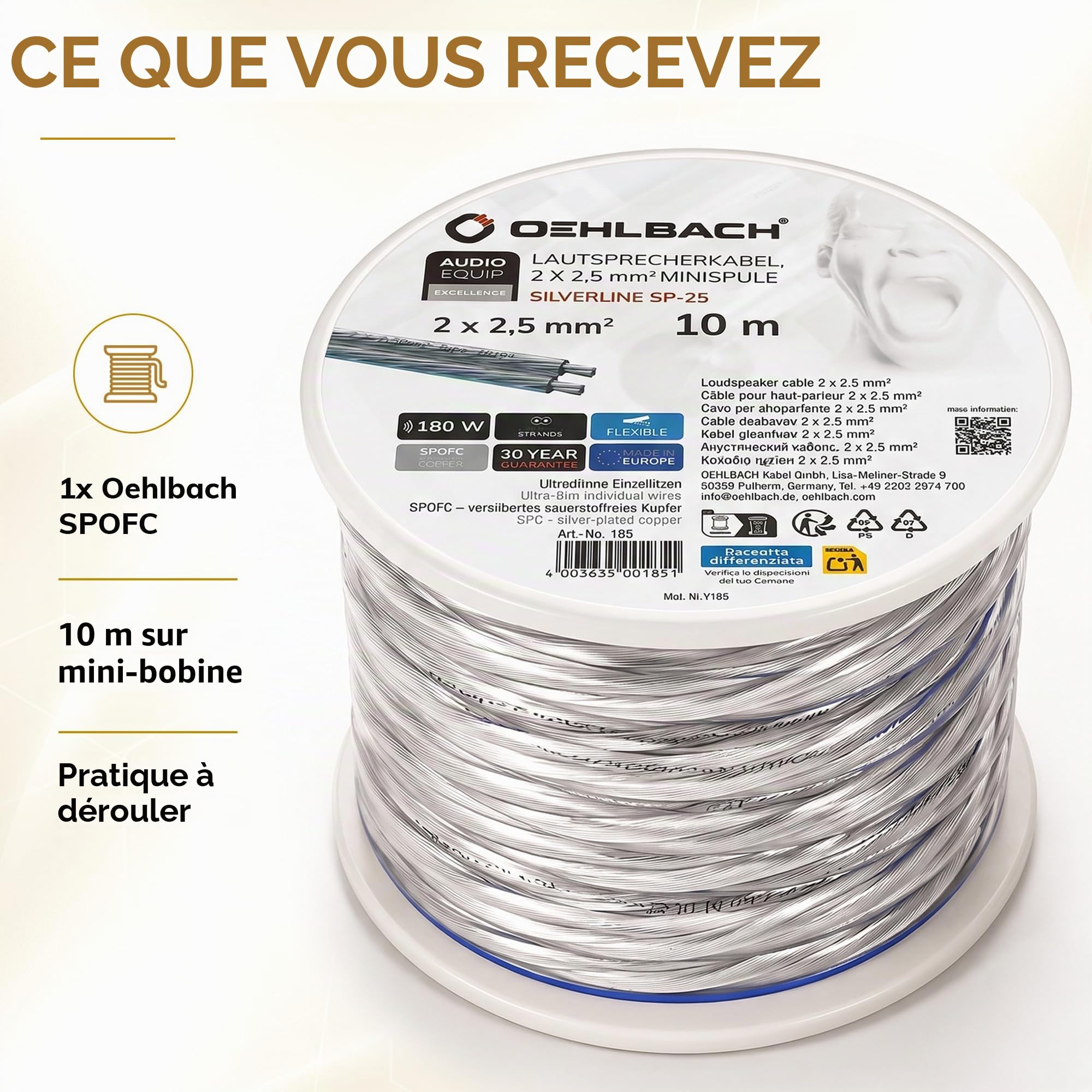 Oehlbach 185 Câble HP 2x2,50 mm² 10m Argent