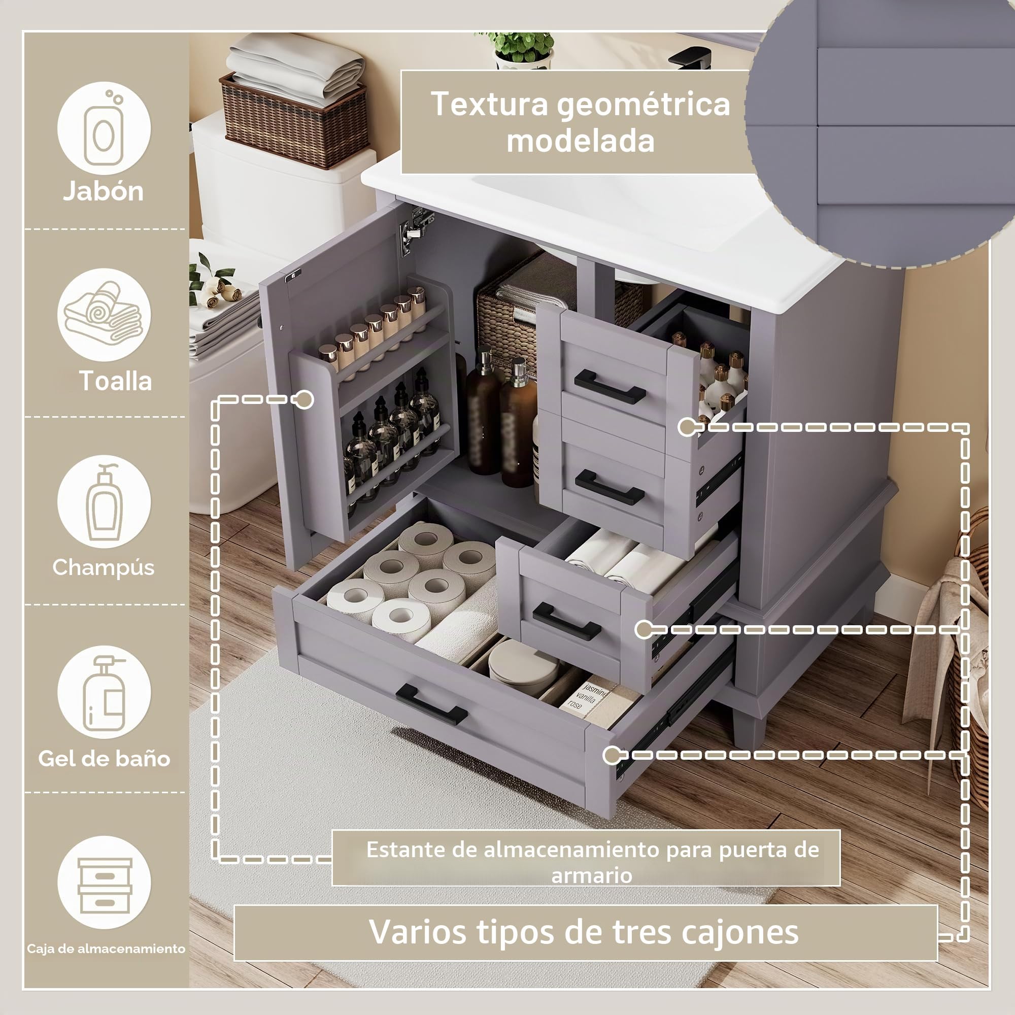 76 x 46 x 83,5 cm. Mueble de baño de pie con lavabo, lacado completamente, estantería para puerta, tres cajones silenciosos, lavabo de cerámica integrado, gris