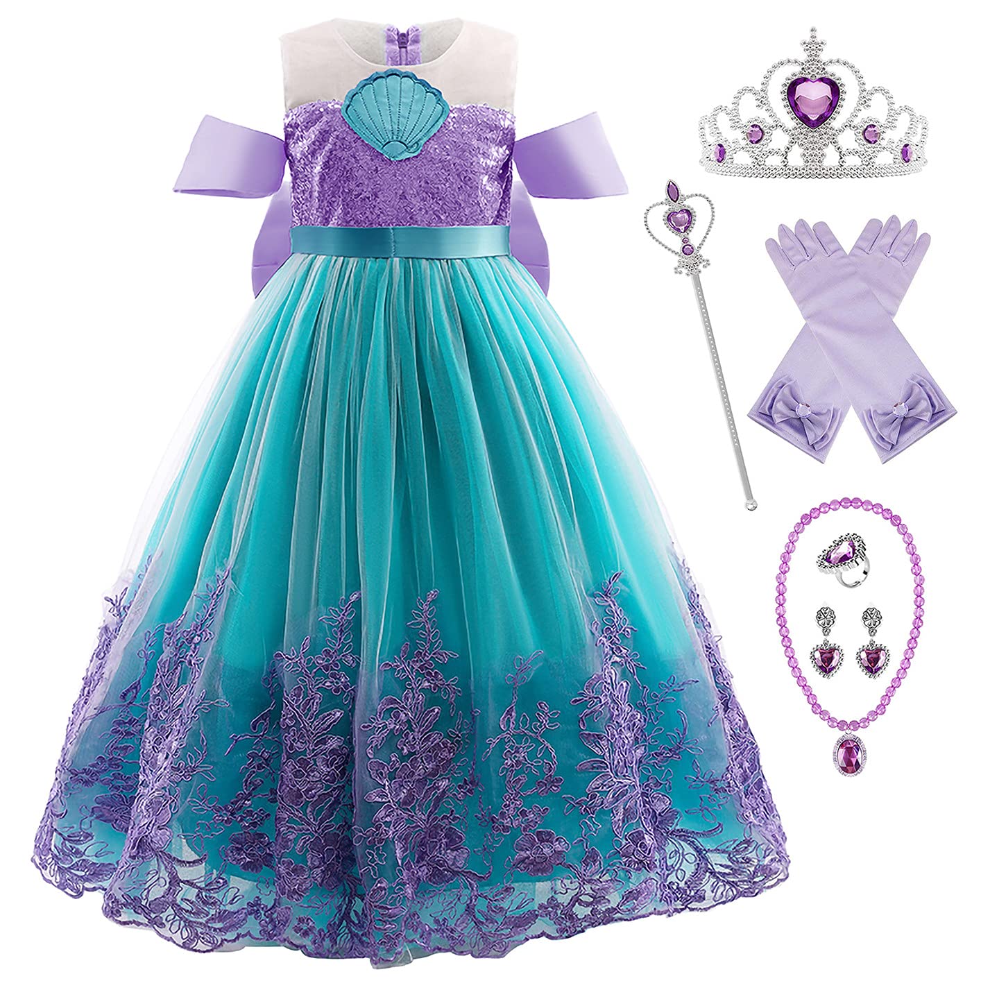 YOSICIL Sirenita Disfraz Niña Princesa Sirena Vestido con Accesorio Bordado encaje Fiesta de Cumpleaños Cosplay Halloween Boda Navidad Carnaval, verde