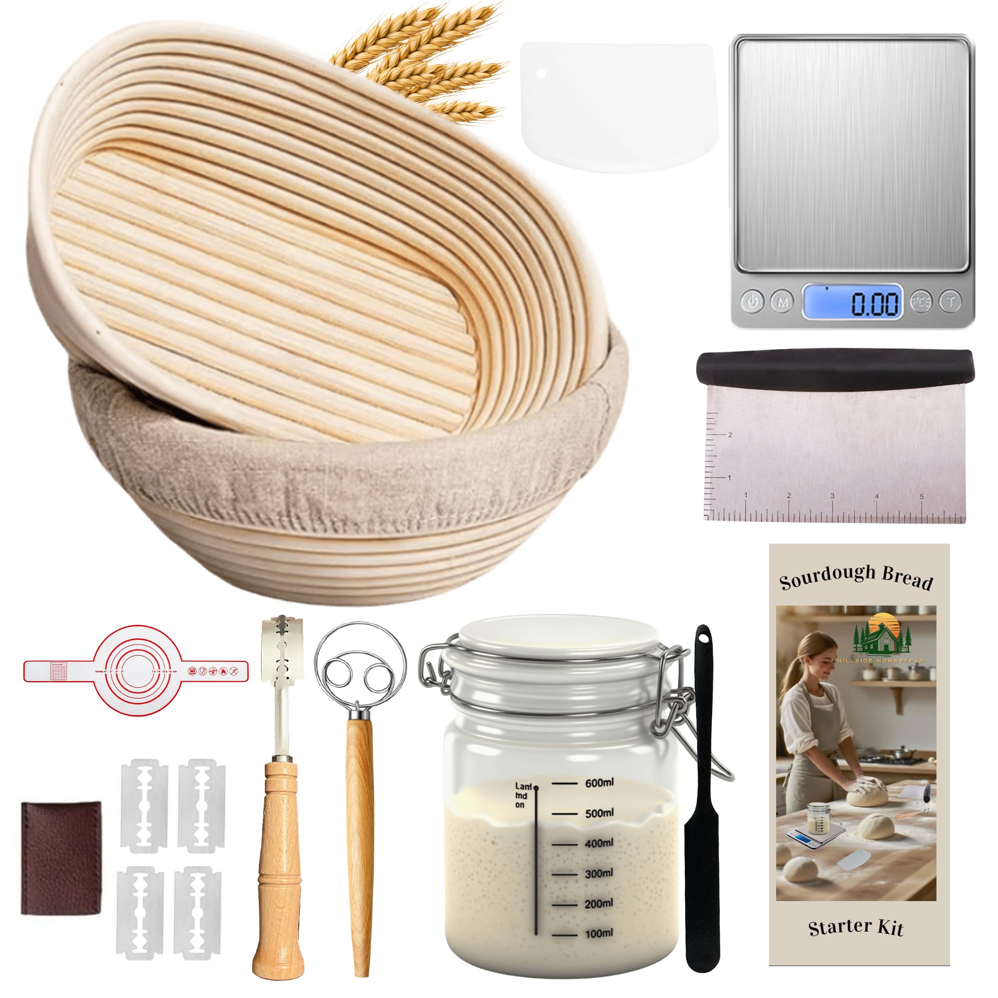 Sauerteig-Starter-Set, komplettes Sauerteig-Brot-Backzubehör mit Banneton-Brot-Gärkörbchen | Sauerteig-Starterglas | Lebensmittelwaage und mehr | Geschenkfreundliches Sauerteig-Set oder jedes