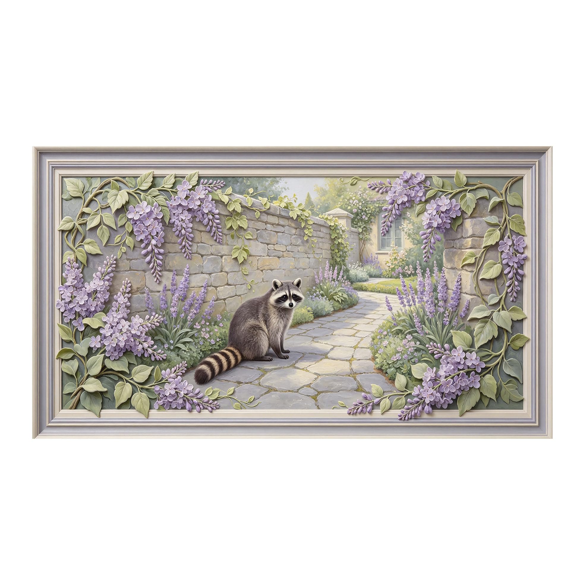 Yzpallescene 3D 3D Framed Wall Art 50cm×90cm Pastoral Garden Landscape Raccoon Floral Oil Painting Large Size SelfAdhesive Removable Wall Decor Prints Artwork for Living Room Bedroom Office