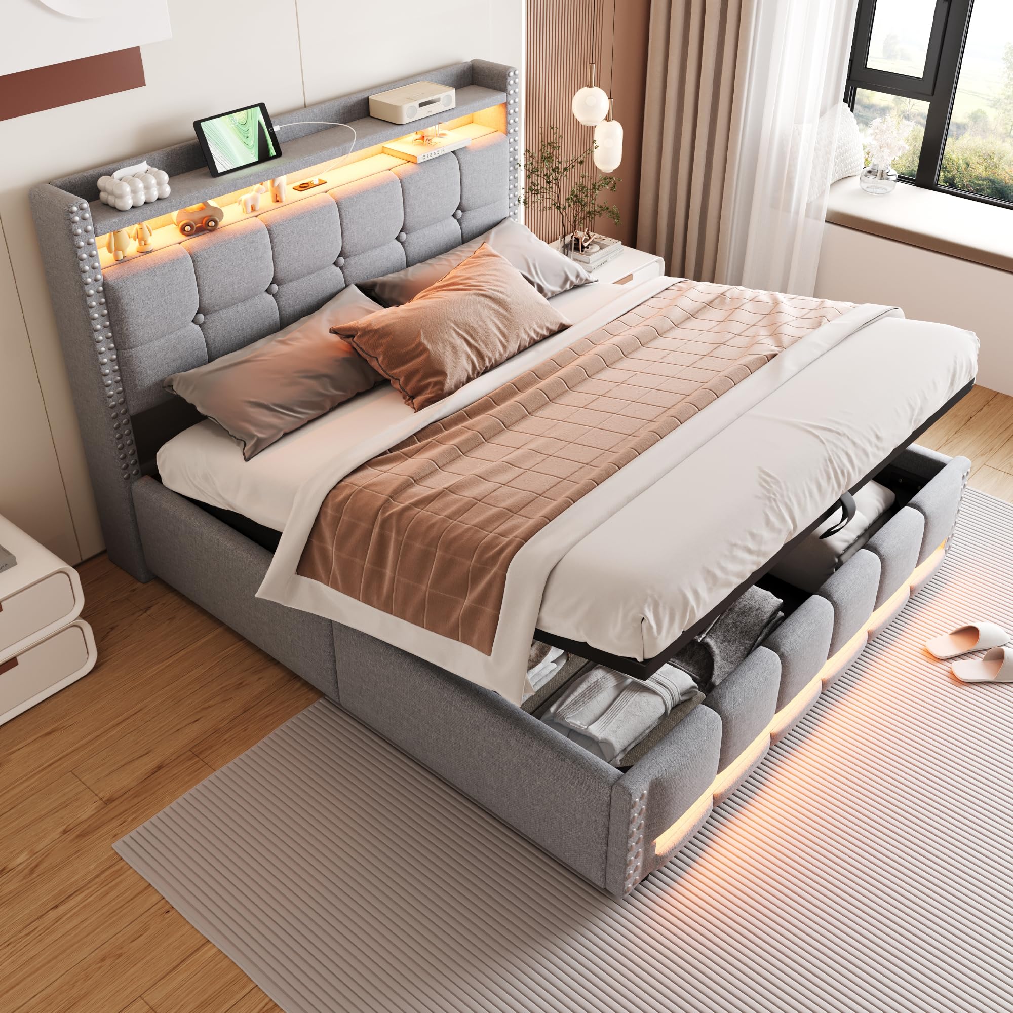 Letto Matrimoniale Con Contenitore 160x200cm, LED, Porte USB E Type-C - Letto Per Adulti Con Materasso - Lino Beige - 7