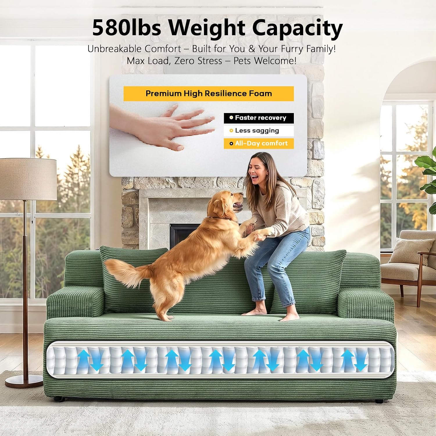 VINGLI 72" W Boneless Loveseat Sofa, Cloud Corduroy Couch in a Box, Compressed Deep Seat Sofa with 10.6" Wide Curved Armrests, Easy Assembly Required for Living Room, Apartments & Office, Green