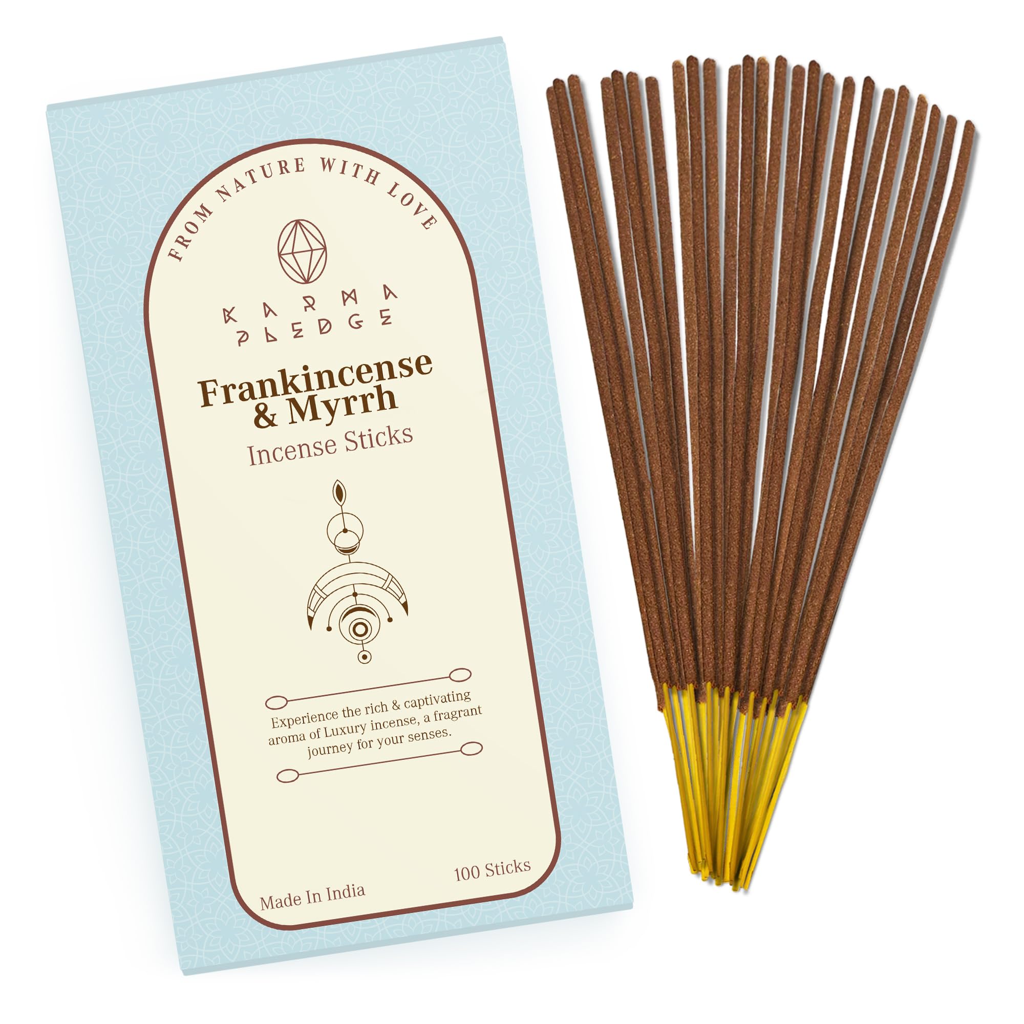 Frankincense and Myrrh Incense Sticks, Organic Hand Dipped 100 Sticks with Natural Herbs & Aromatic Ingredients, Burn Time 45 to 60 Minutes, Incense for Positivity, Yoga, Meditation, Spiritual Gift