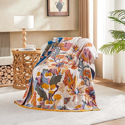 Miniatura 4 de Manta reversible de 100% algodón, ultrasuave, rústica, bohemia, con diseño floral, pájaros y mariposas, decoración con estilo de granja, para todas