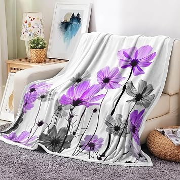 Purple Throw Blanket, Rustic Elegant Floral Daisy Flower Camping Blankets and Throws for Bed, Cute Wildflower Farmhouse Warm and Cozy Flannel Throw and Blankets, 60X90in