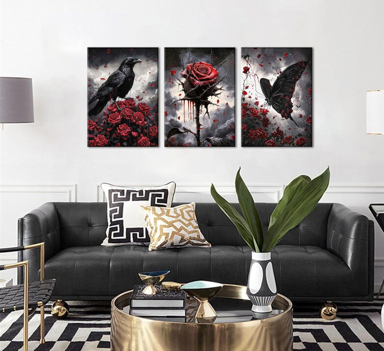 3Pcs Gothic Canvas Wall Art Spooky Butterfly Crow Poster Prints Romantic Rose Halloween Picture Dark Goth Aesthetic Painting Wall Decor for Living Room Bedroom Office 12x16in Framed