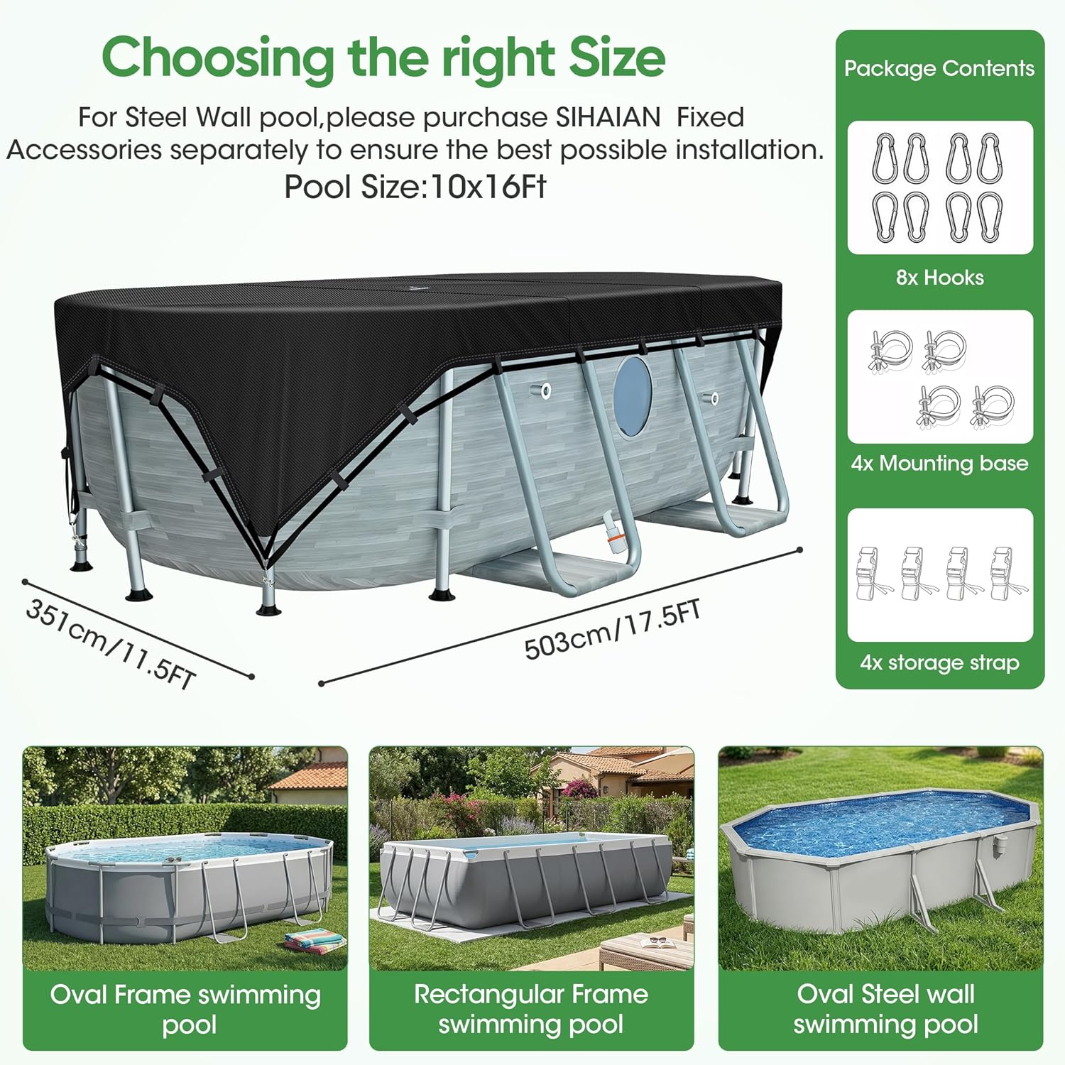 SIHAIAN 10x16Ft Oval Pool Cover Patented Design Four-Corner Locking 500D Rectangular and Oval Pool Cover, Prevent Water Accumulation Pool Cover for Oval Above Ground Pool with 4 Storage Straps