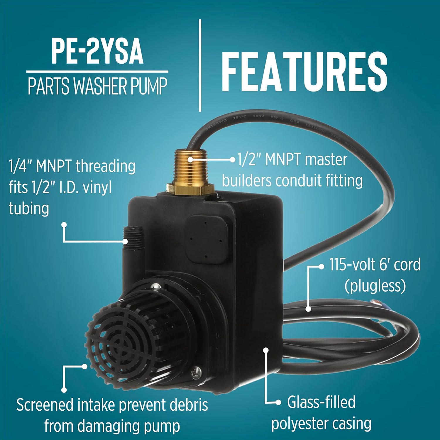 Little Giant PE-2YSA 115V, 1/40 HP, 300 GPH Polyester Submersible Parts Washer Pump with Conduit Fitting for Aqueous Solutions or UL-listed Solvents with 6-Ft. Plugless Power Cord, Black, 518550