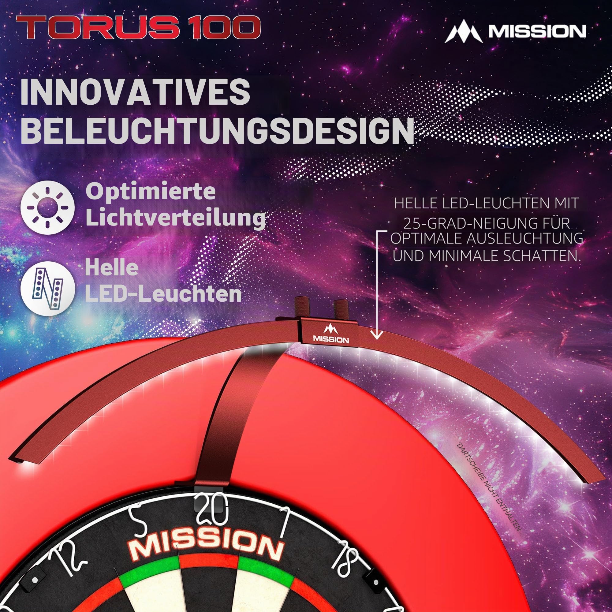 Mission Darts TOR100 Torus 100 | Dartscheibe LED klappbar tragbar Dartscheibe Reise Beleuchtungssystem