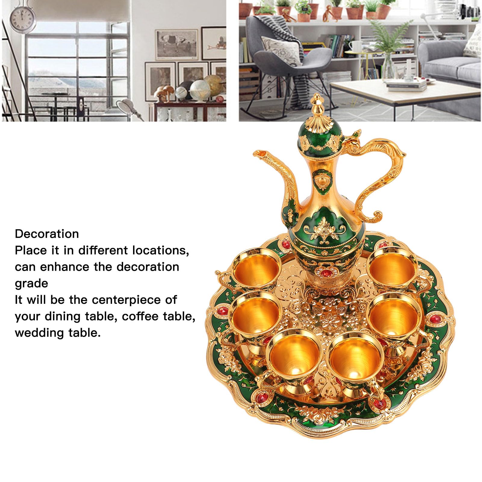 Turkish Tea Set, Vintage Turkish Coffee Pot Tea Service Set for Decoration Tea Service Set with Tray Golden Wine Cups with 6 Cups (Gold Green)