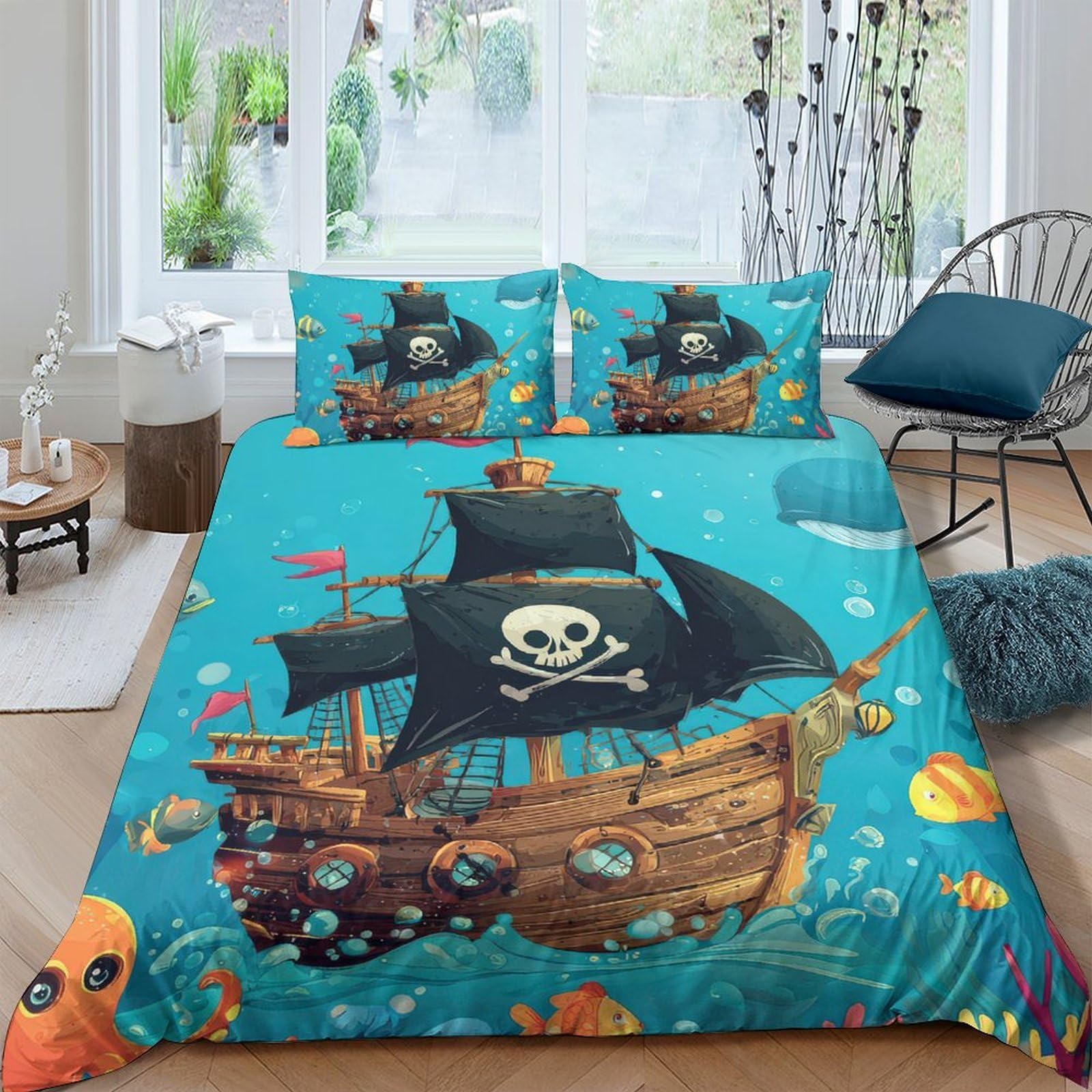 Ctjqhvkz Style-5 3D Printed Pirate Ship Fitted Sheet Microfiber Soft Blue Ocean Skull Bed Cover For Bedroom Guest Room Decor Single（135X200cm）
