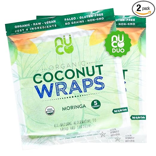 NUCO DUO Certified Organic, Paleo, Gluten Free, Vegan Non-GMO, Kosher Raw Veggie Coconut Wraps Moringa Flavor. NO Salt Added Low Carb and Yeast Free 10 Count (Two Packs of Five Wraps Each)