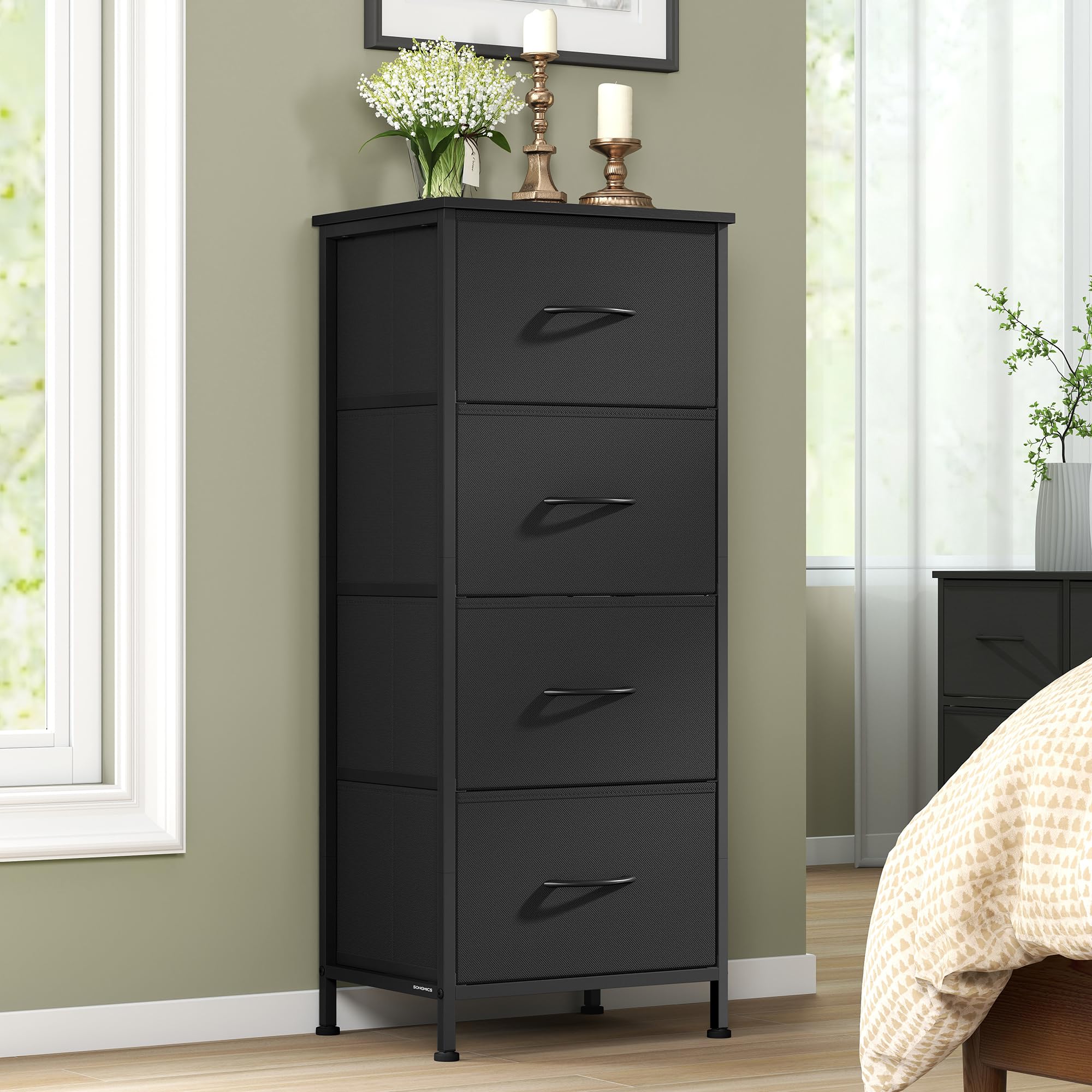 SONGMICS Chest of Drawers, 4 Fabric Drawers Storage Unit, Steel, MDF, Non-Woven Fabric, for Bedroom, Closet, Hallway, Living Room, Ink Black and Ebony Black LGS314BH03