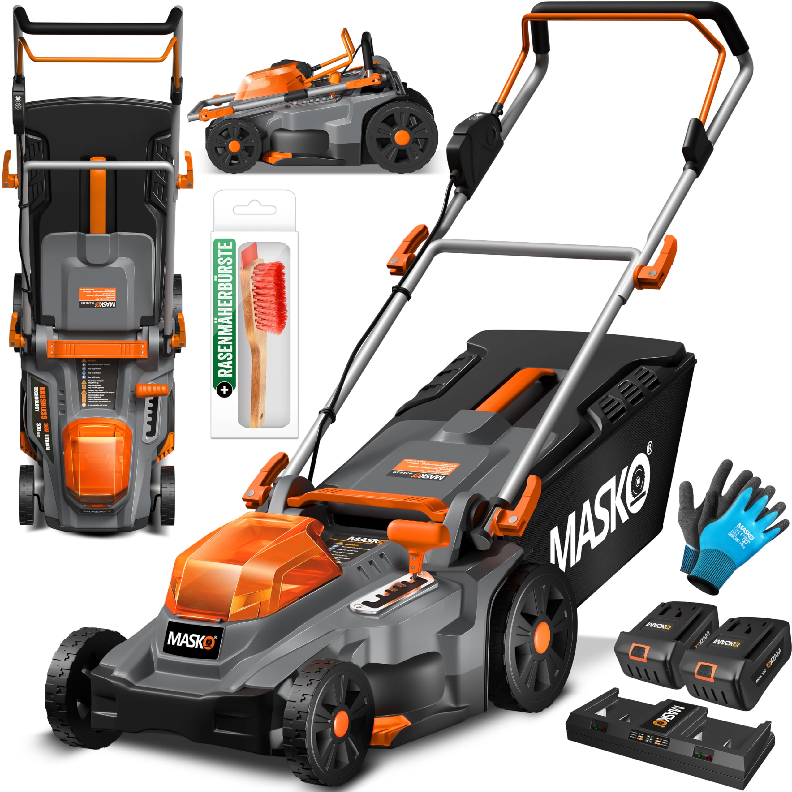 MASKO® Akku Rasenmäher mit Mulchfunktion, 2X Akkus Li-Ion Batterie 4Ah & Doppel-Ladegerät Rasentrimmer 37cm Schnitt-Breite 6X Höhenverstellbar 40L Fangkorb Flächen bis 600m² inkl. Handschuhe & Bürste