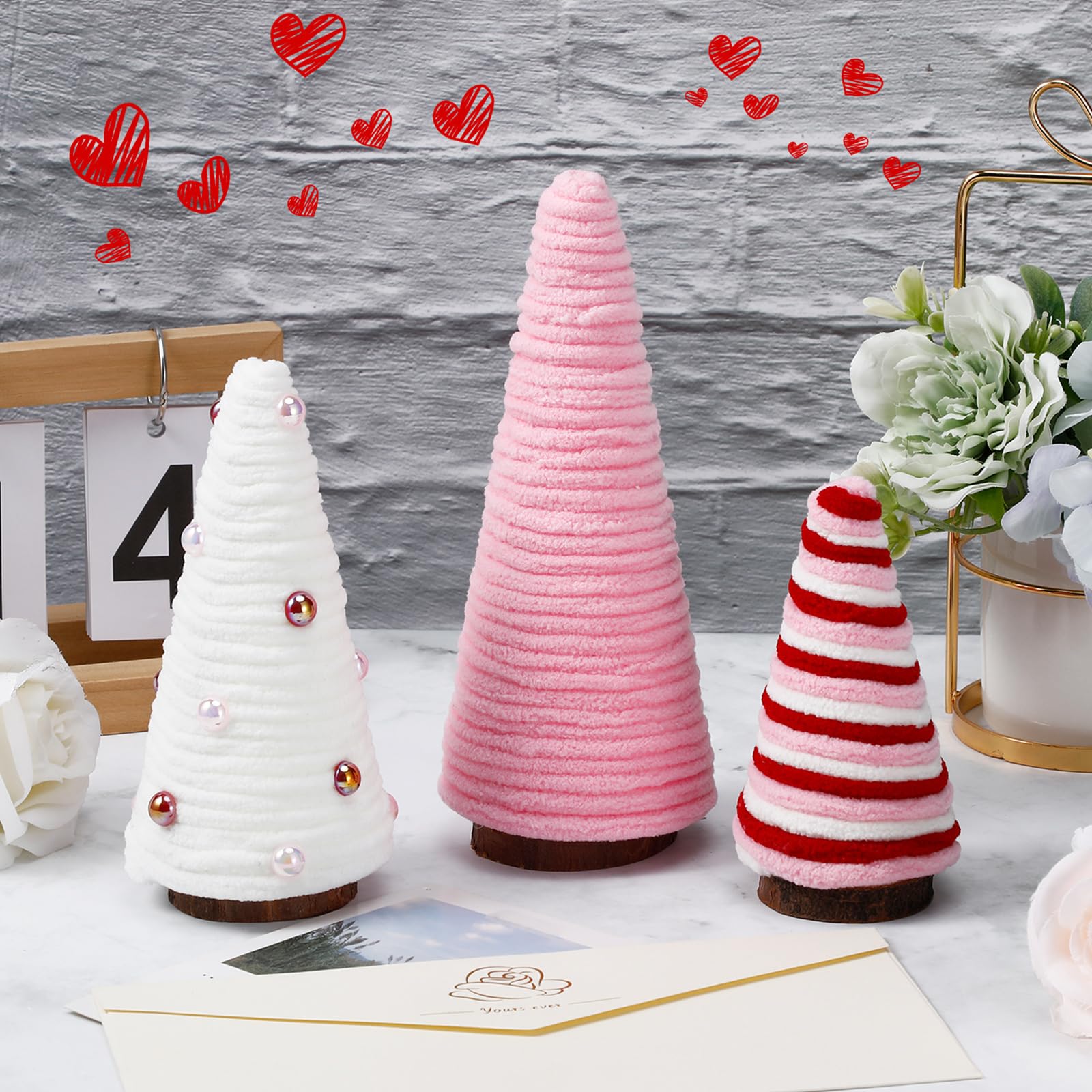 Beeveer 3 Piezas de decoración de Mesa de árbol del día de San Valentín, Mini árboles envueltos en Hilo, Rosa y Blanco, decoración de Mesa para casa de Campo, habitación Interior, Cocina, Bandeja
