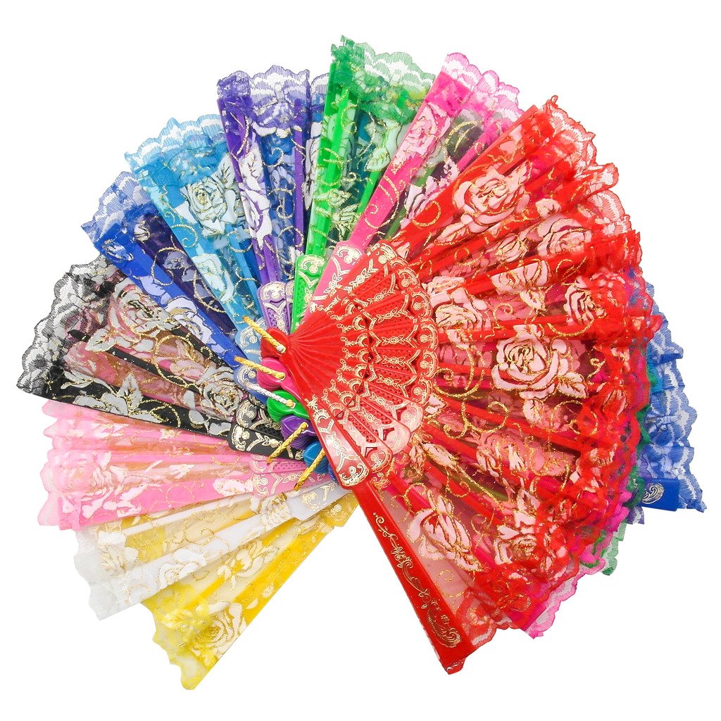 TRENDBOX Elegant Vintage Retro Flower Rose Lace Handheld Chinese Folding Fan for Dancing Ball Parties Ladies - 1 Set (10 Colors)