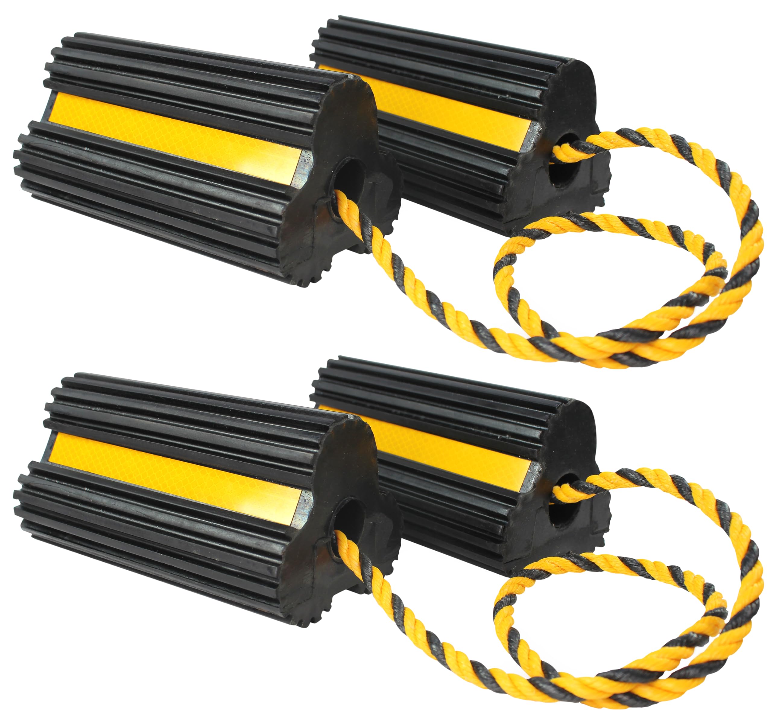 MaxxHaul 51244 Unterlegkeil aus Vollgummi, strapazierfähig, mit Nylonseil, gelbes reflektierendes Klebeband, 20 x 10 x 9 cm, für Wohnmobil, Anhänger, LKW, Auto, 4 Stück