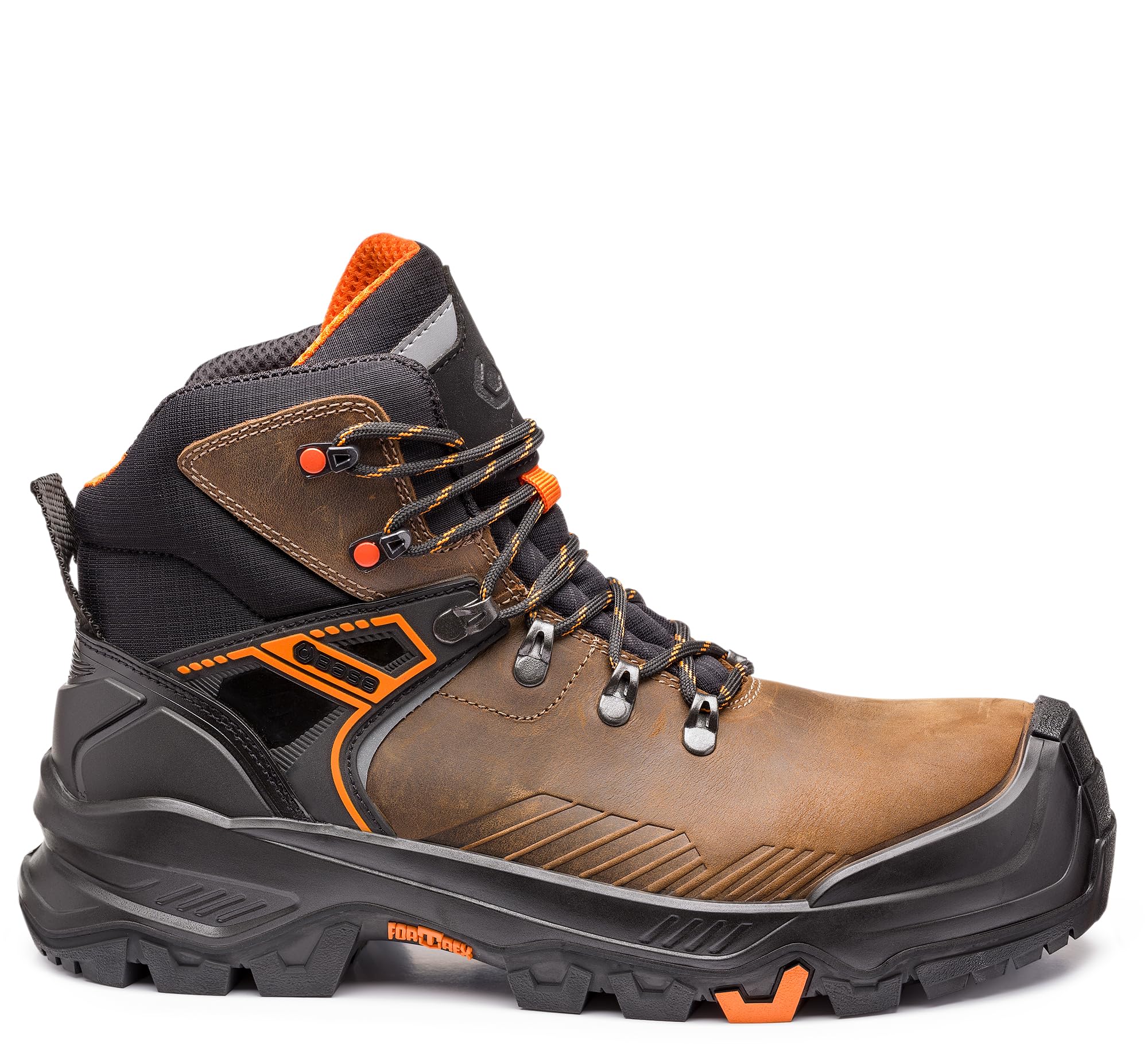 BASE T-WALL MID B1601B S3S HRO CI HI LG SC FO SR Greased Leather Seamless Dry’n Air Footbed Shield System Ladder Grip Safety Boot, Brown/Orange, UK 11