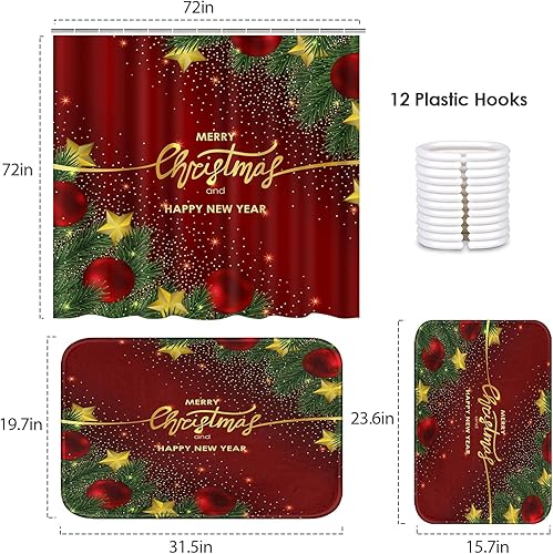 Miniatura 2 de ArtSocket Juego de baño con cortina de ducha y alfombras y accesorios, juegos de cortinas de ducha de árboles de Navidad, cortinas de ducha rojas de
