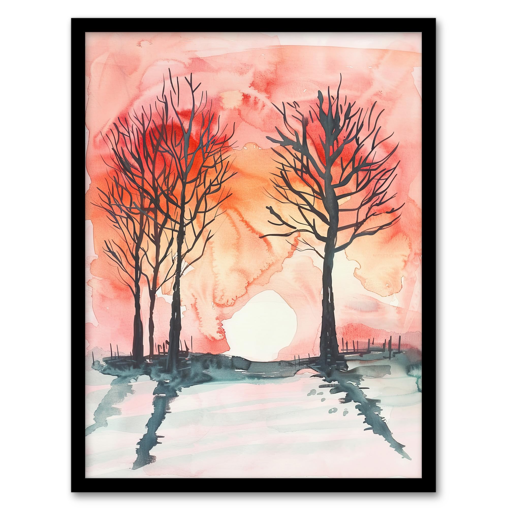 Artery8 Two Trees at Sunset Winter Countryside Landscape Living Room Artwork Framed Wall Art Print 18X24 Inch