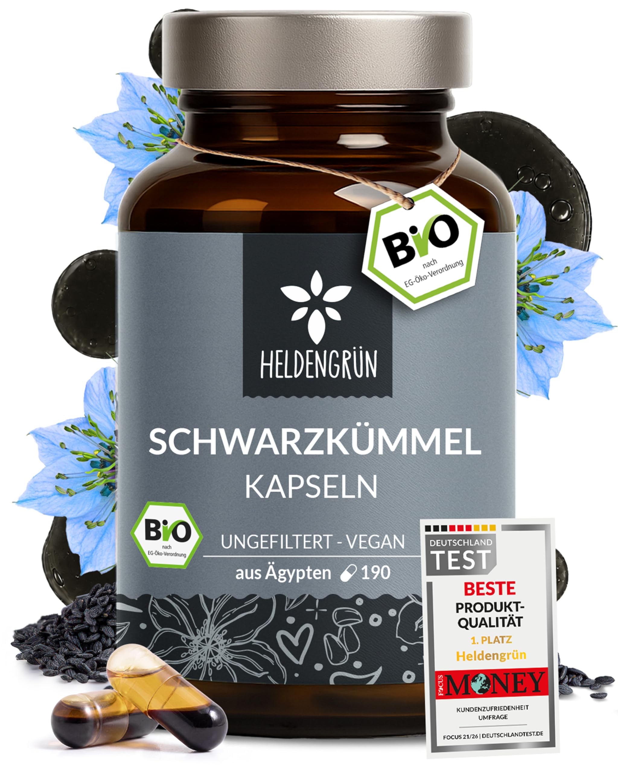 Heldengrün® BIO Schwarzkümmelöl Kapseln [HOCHDOSIERT] ungefiltert 190 St. | Kaltgepresst aus Ägypten · 3-Monats-Vorrat pro Dose · Laborgeprüft · vegan & magensaftresistent · Deutsches Startup