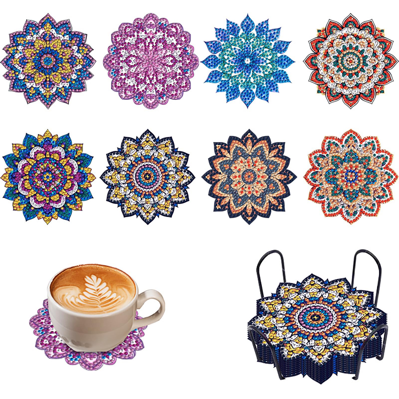 Nurila 8 Stück Diamond Painting Untersetzer Set Mandala mit Ständer | Mandala diy set erwachsene mit tassenuntersetzer für entspannte Bastelzeit, schöne Tischdeko und kreative Geschenkideen