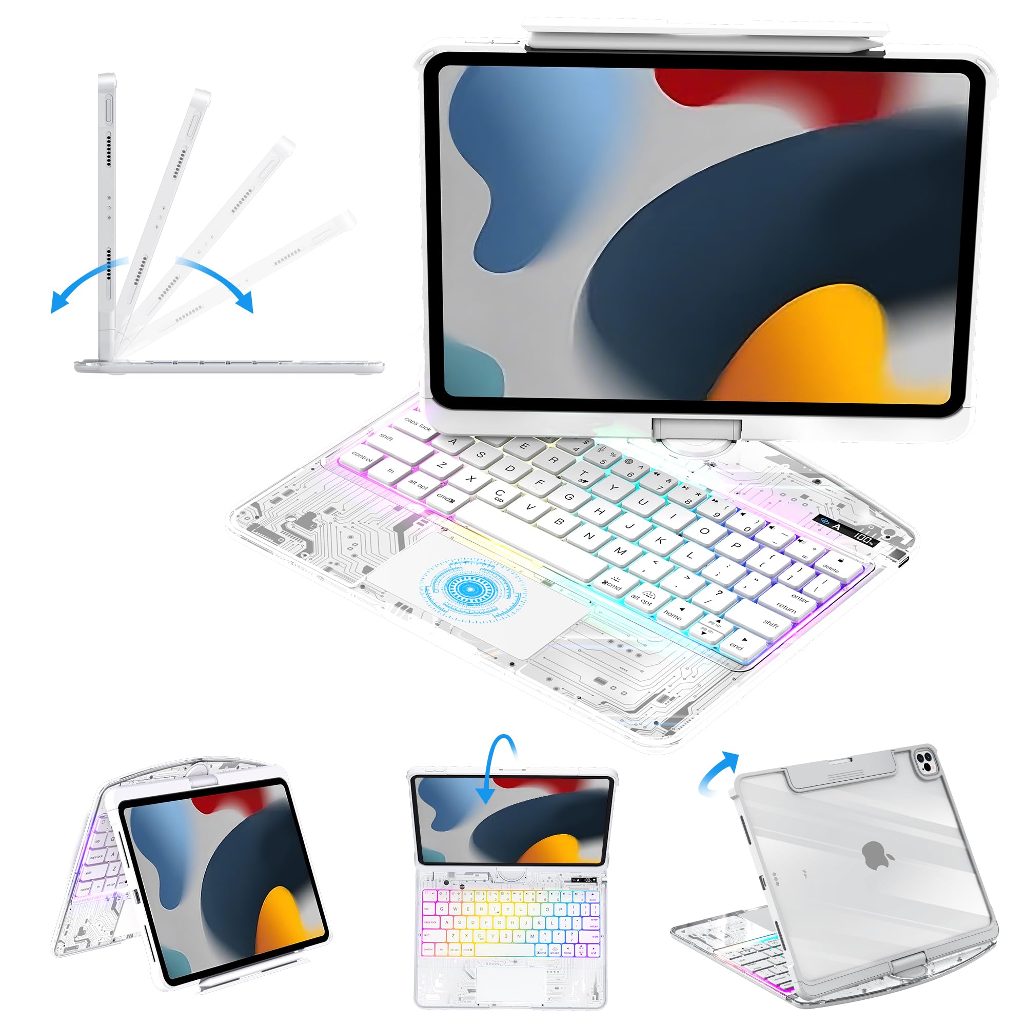 Photo 1 of **FACTORY SEALED** lambasa Clear Keyboard Case for iPad 10.2 inch 9th/8th/7th (2021/2020/2019) 360° Swivel Multi-Touch Trackpad,with Wireless Bluetooth 3-Brightness &7-Color Backlit, Pencil Holder White