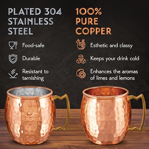 Miniatura 6 de Set de regalo de tazas Yooreka para Moscow Mule, conjunto de 4 tazas de 16 onzas, acero inoxidable chapado en cobre, 4 popotes, 4 posavasos