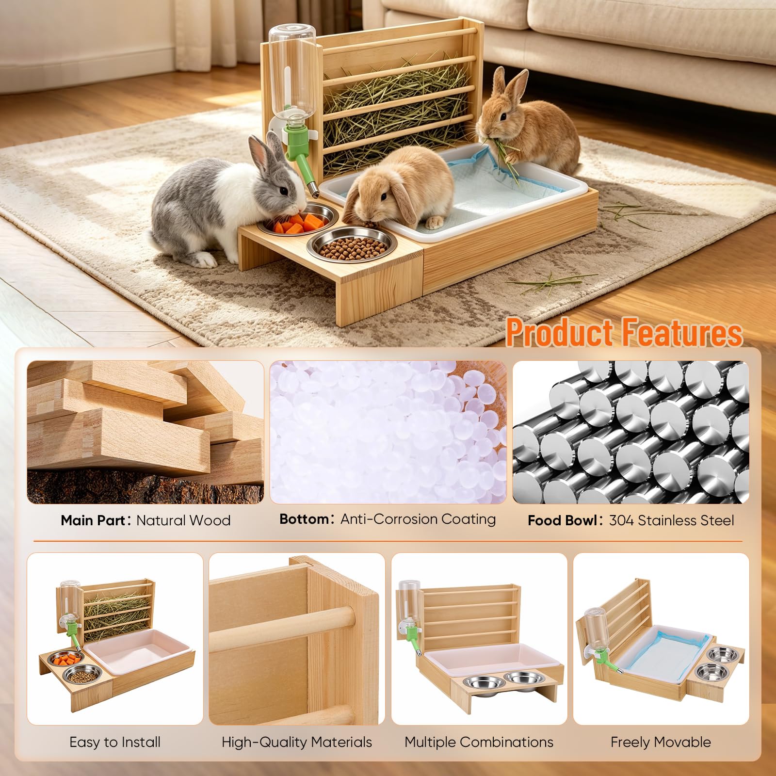 Râtelier à Foin 4-en-1 pour Lapins, Station d'alimentation | Distributeur foin amovible pour cochons d'Inde avec bac à litière, 2 gamelles et biberon Mangeoire bois pour petits animaux