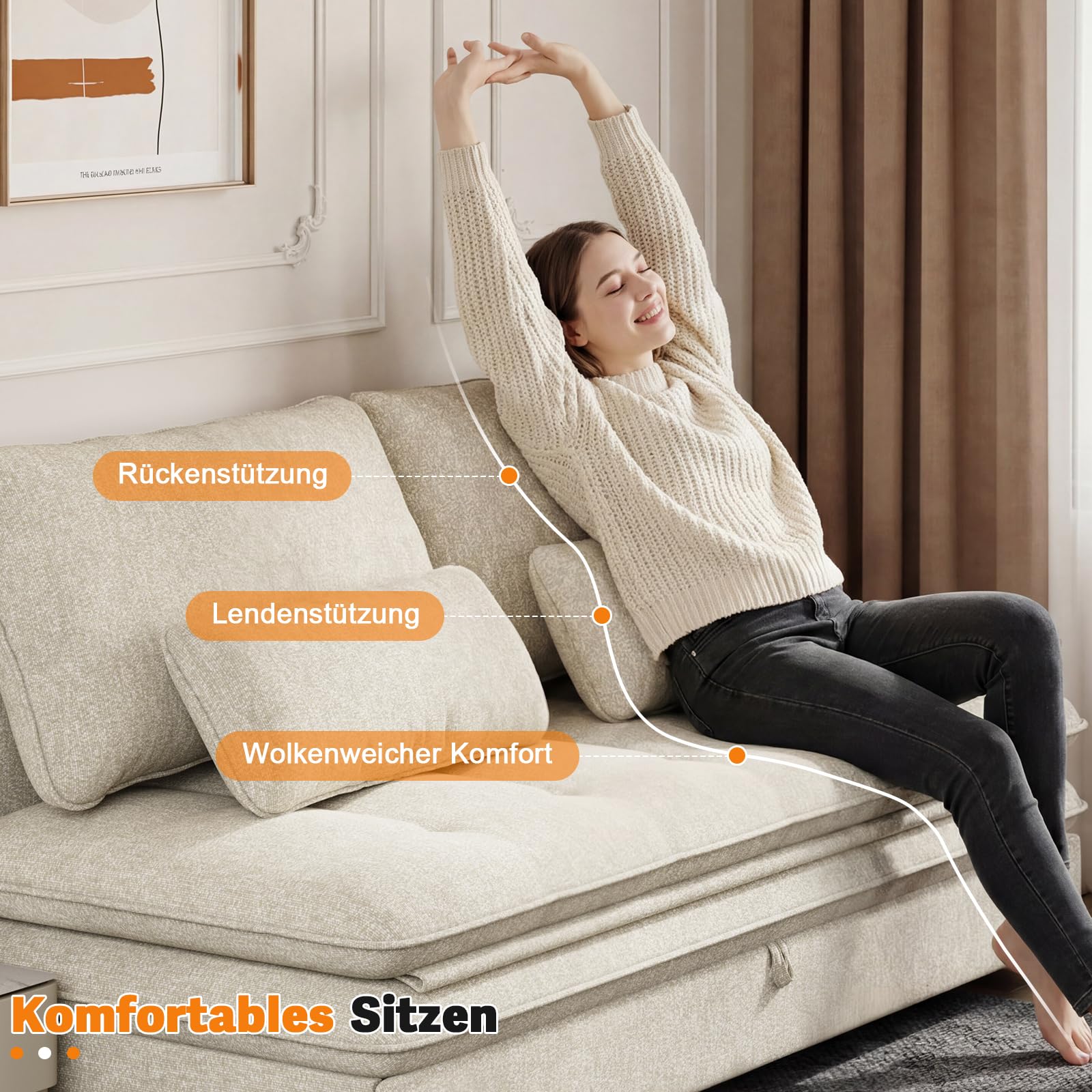 Devoko Sofa mit Schlaffunktion 190 x 157 Ausziehbares Schlafsofa mit Bettkasten Kleine 2 Sitzer Chenille Couch Klappsofa Schlafcouch mit Stauraum für Wohnung und Wohnzimmer, Beige