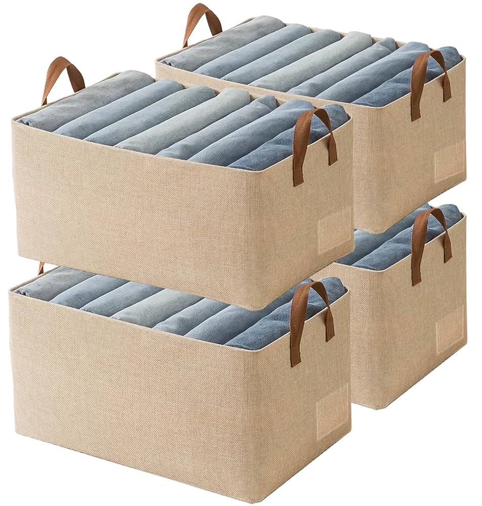 AARAINBOW 4 Pcs Closet Clothes Organizer with Handle, Closet Shelf Fabric Storage Box Steel Frame, Stackable Shelf Storage Baskets Foldable Wardrobe Organizer Baskets for Clothes Toys, 23L (4 Beige)