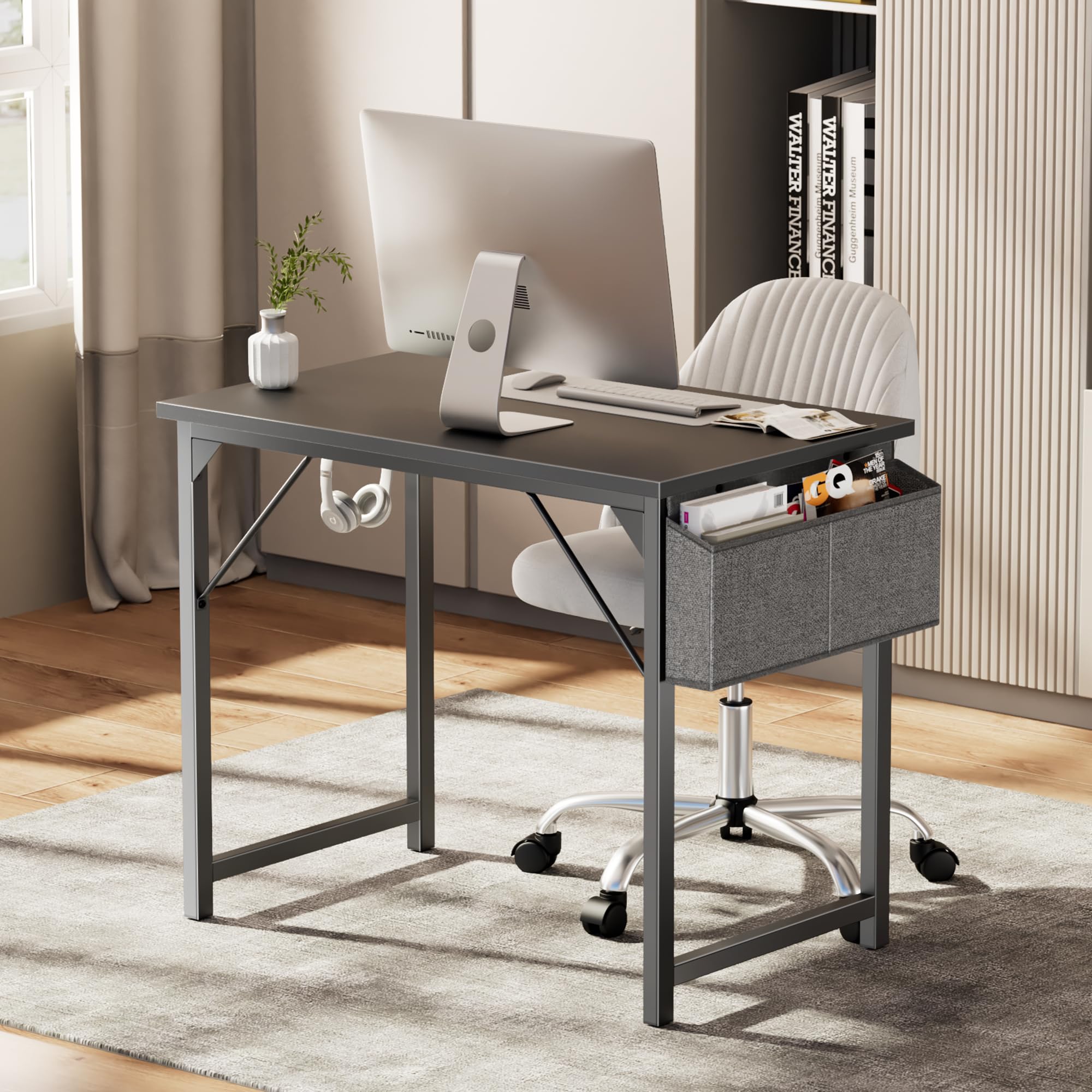 NEWBULIG Home Office Schreibtisch mit Ablage & Kopfhörerhaken Einfacher Moderna postazione di Lavoro, Nero, 33 inch