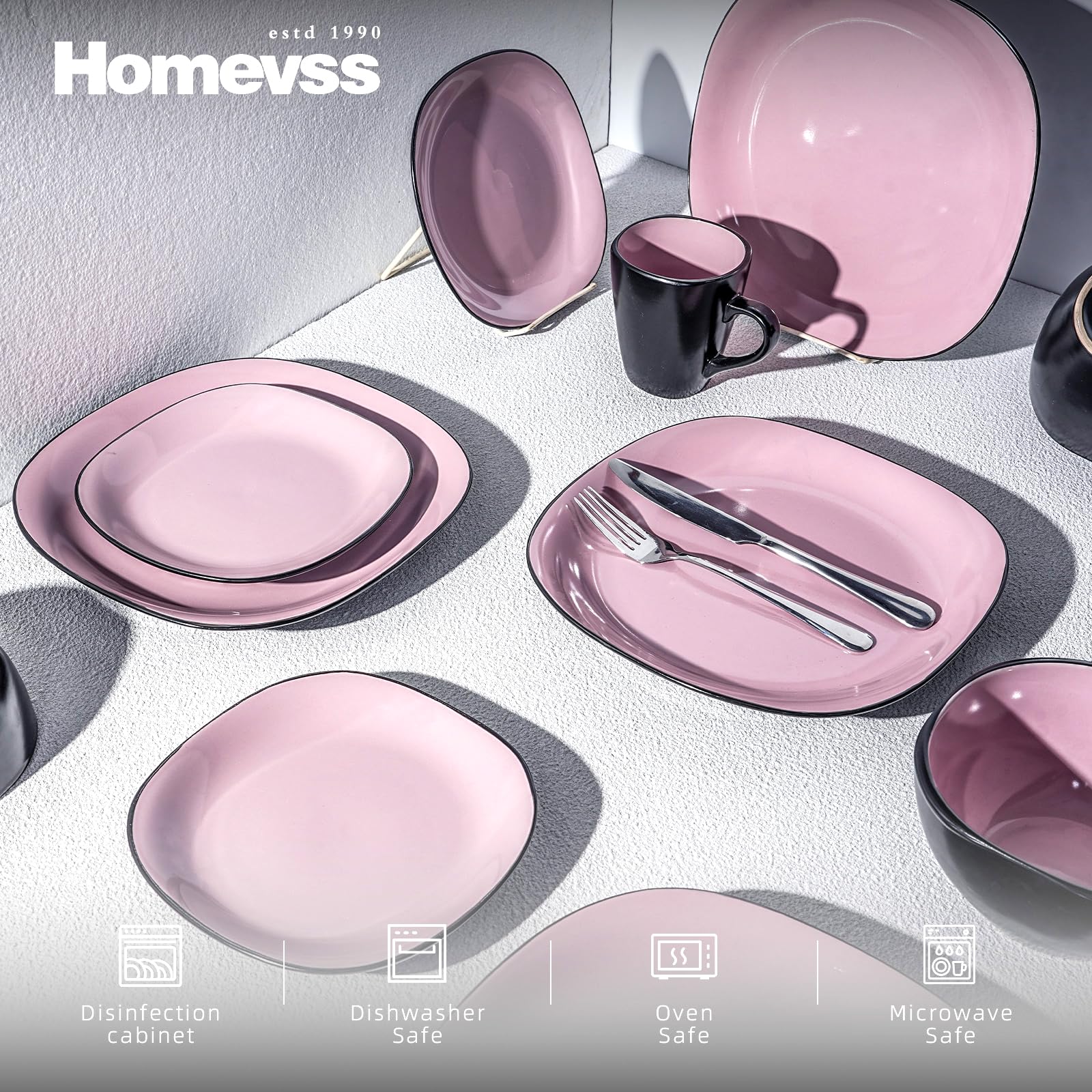 Service de table carré en grès 16 pièces - Intérieur rose brillant + extérieur noir mat