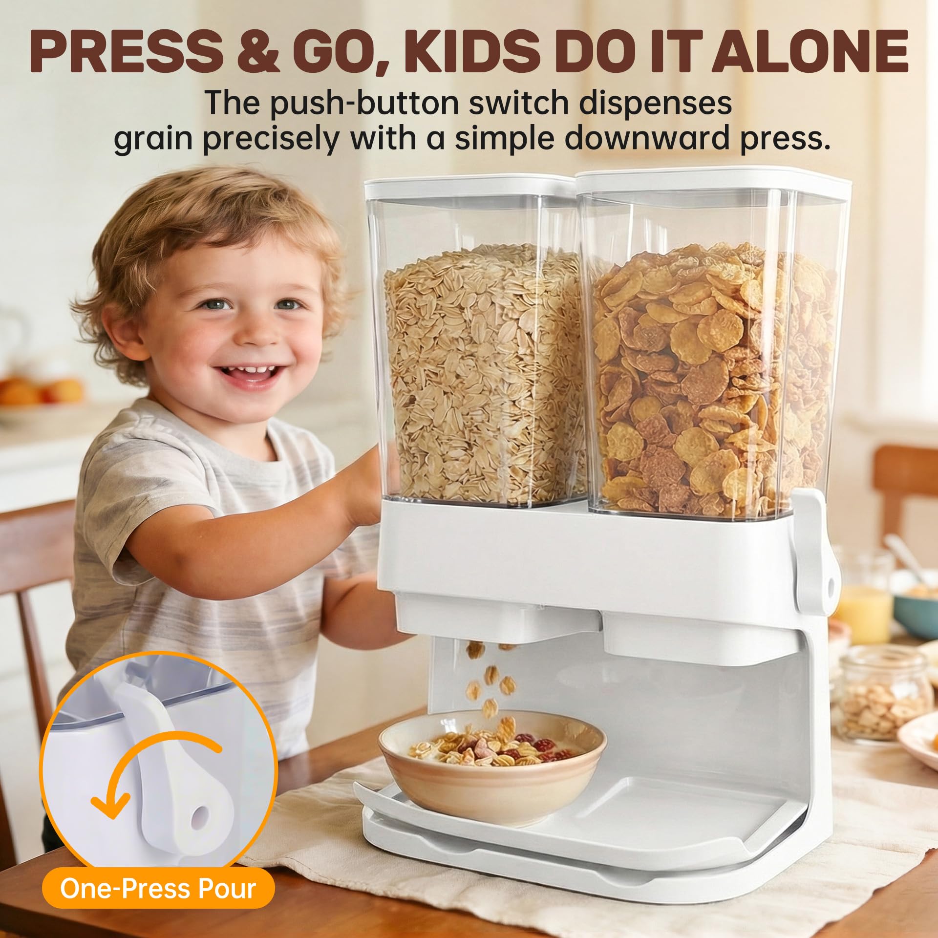 Sinceroduct Dispensador de cereales para encimera, dos grandes recipientes de 3 litros para almacenar cereales, dispensadores de alimentos secos como dulces, nueces y frijoles