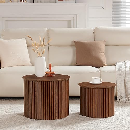 Miniatura 9 de Juego de 2 mesas de centro redondas anidables con estrías, mesa de café de estilo moderno de mediados de siglo, mesa auxiliar circular, mesa de