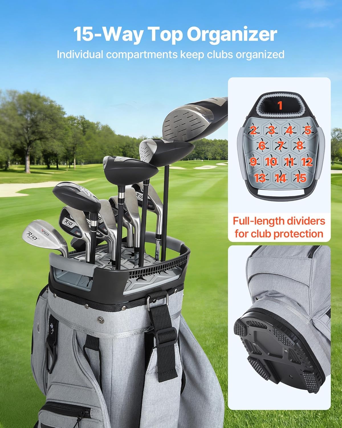 VEVOR Golf Cart Bag, 15 Way Quiet Top Divider Organizer, Grip-Locking Bottom Golf Club Bag with Full-Length Divider, Rain Hood, Storage Pockets, Shoulder Strap, Silicone Head Protection for Men