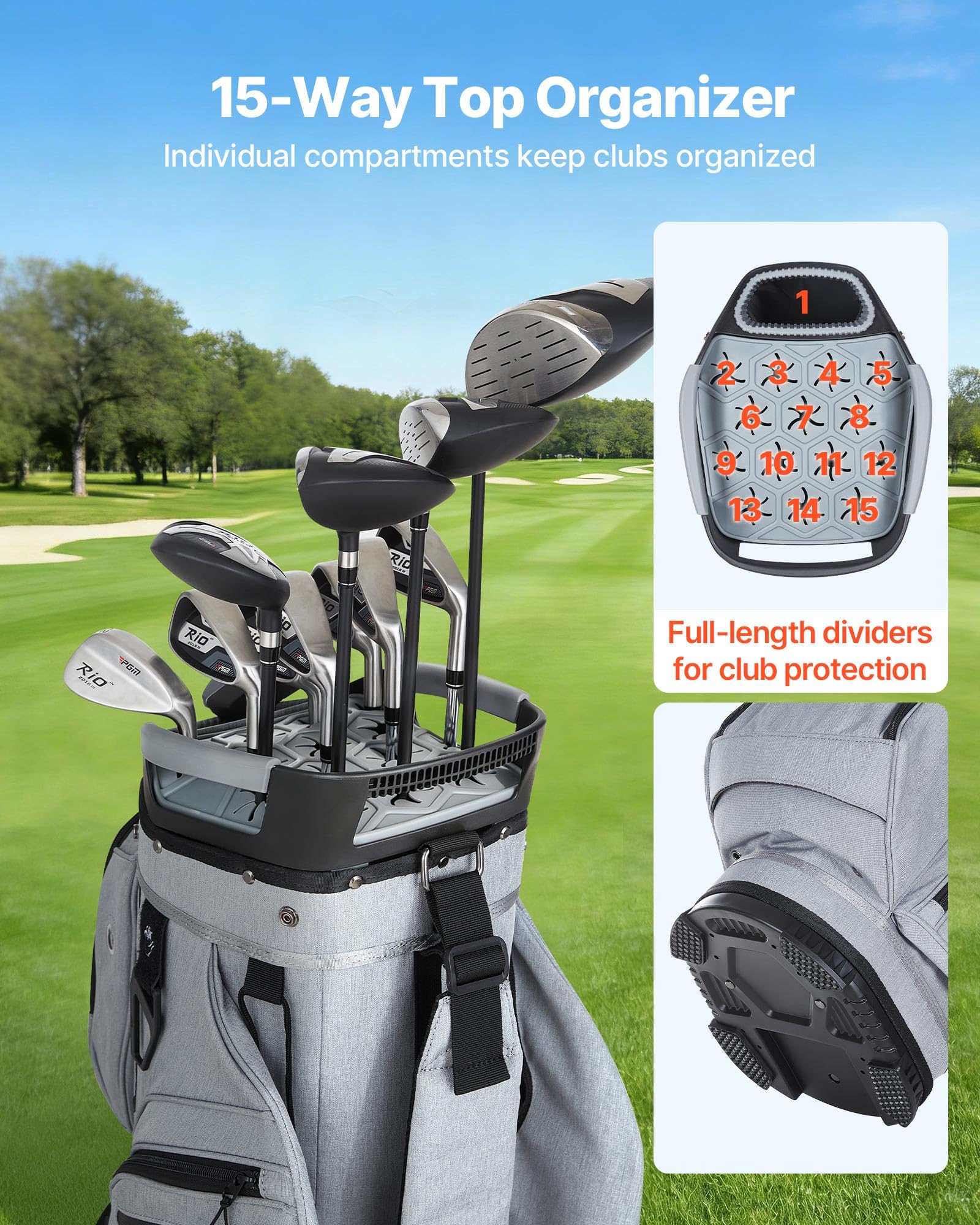 VEVOR Golfbag mit 15-facher Einteilung, Golftasche mit Schultergurt Silikon-Kopfschutz Durchgehenden Trennfächern Regenhaube Stautaschen, Caddybag aus Leichtem Polyester für Herren Damen Golf Cartbag