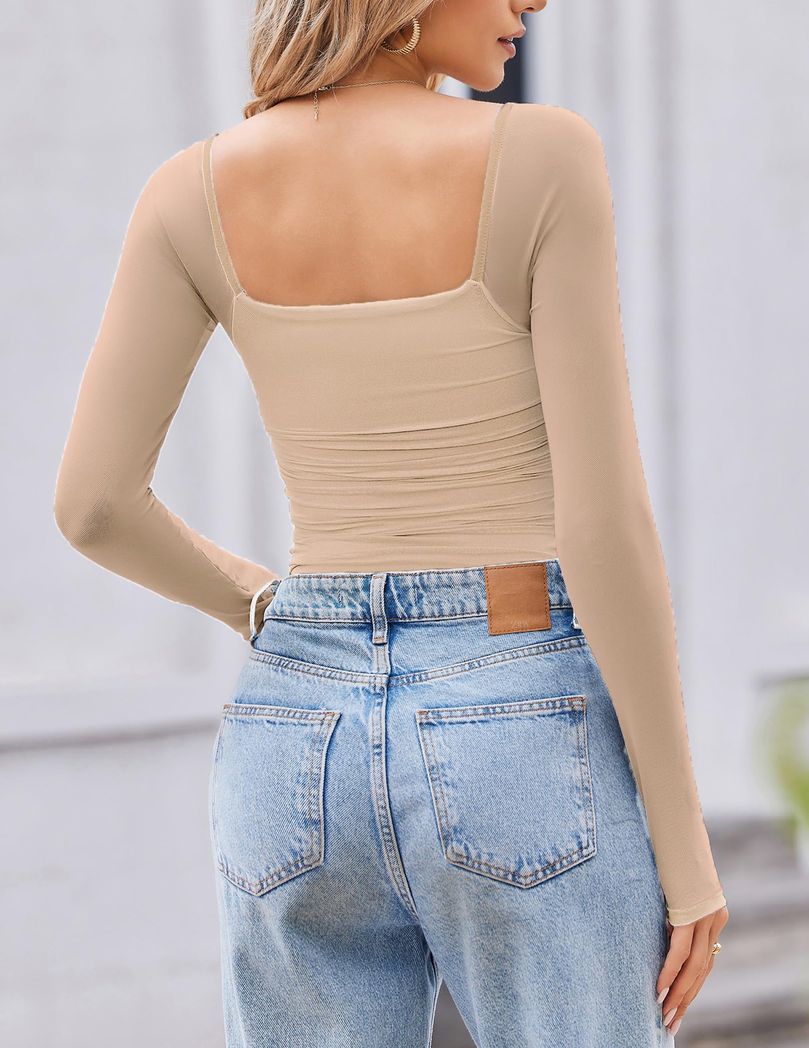 Avidlove Body da donna con scollo quadrato in rete a maniche lunghe e increspato, sexy, top velato per appuntamenti e serate