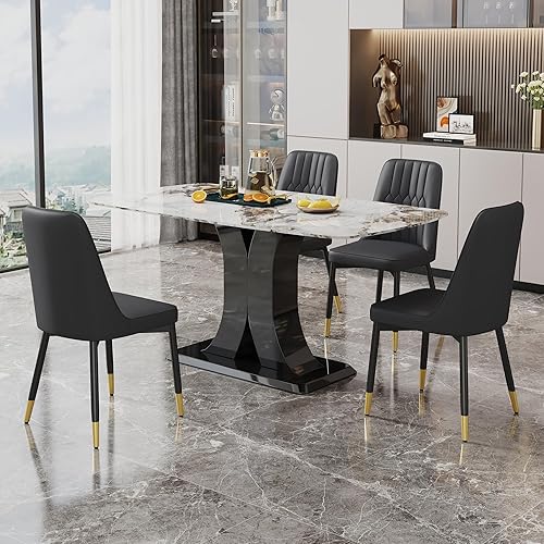 Miniatura 6 de Juego de 2 sillas de comedor, modernas sillas de comedor, equipadas con cojines de respaldo de piel sintética y patas de metal negro, adecuadas para