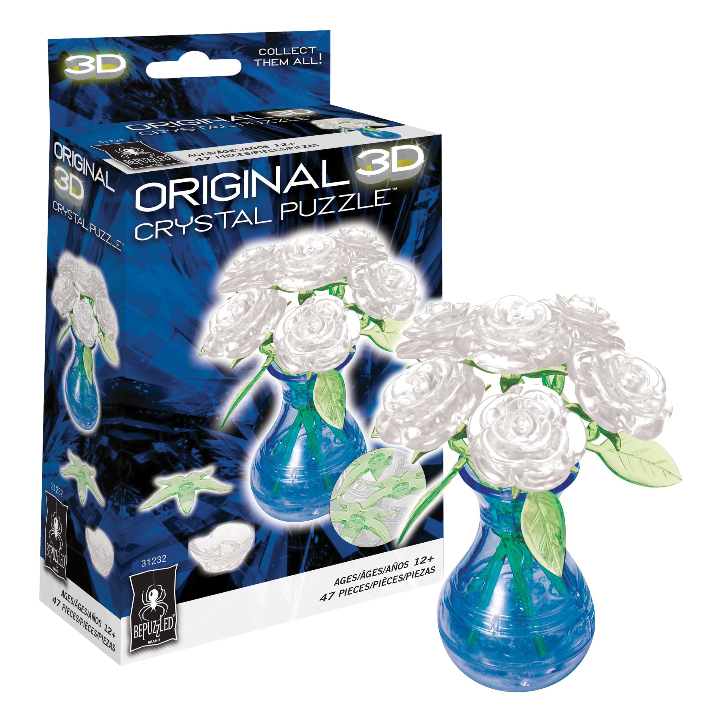 BePuzzled, Roses in Vase White, Original 3D Crystal Puzzle, Perfect for Puzzlers Ages 12 and Up, Challenging to Complete and Beautiful to Display, Collect Them All