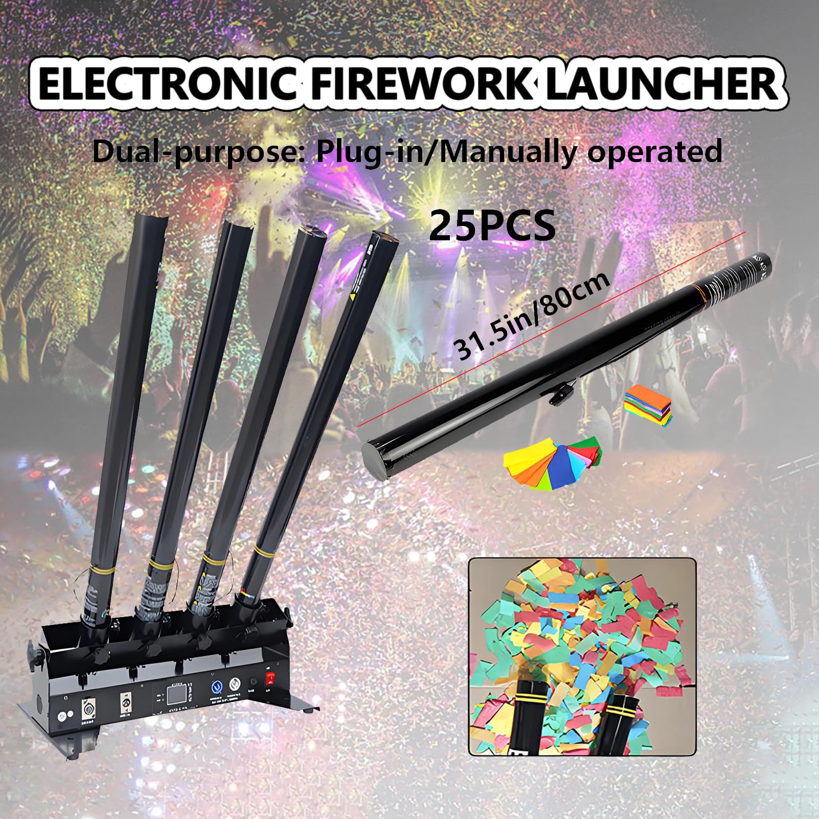 Elektrische Konfettikanone mit DMX/Fernbedienung, Professionelle Konfettiwerfer, Elektrischer Konfettiblaster, 25 Konfetti Shooter 80cm für Hochzeits-Disko-Show-Club-Bühnenparty 1shot-25pcs