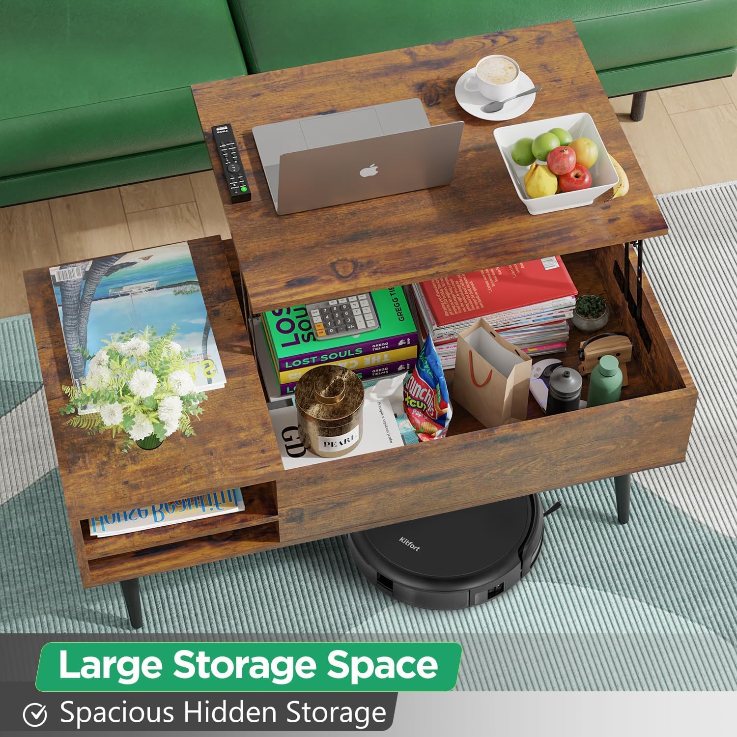 Coffee Table, Tea Table with Adjustable Storage, Storage Coffee Table with Hidden Compartment, Center Table, Lift Top Coffee Table with Storage, Coffee Table Lift Top for Living Room Reception, Brown