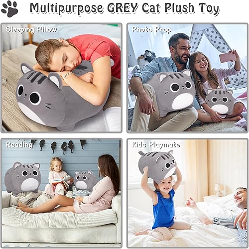 Miniatura 6 de Auspicious beginning Peluche de gato gris, animal de peluche de gato de 20 pulgadas, almohada de felpa de gato kawaii, almohada suave para sofá,