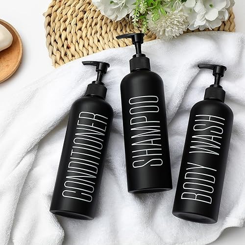 Miniatura 6 de HOMCDALY Dispensador de champú y acondicionador negro, paquete de 3 botellas de bomba recargables de 16 onzas, botellas dispensadoras de champú
